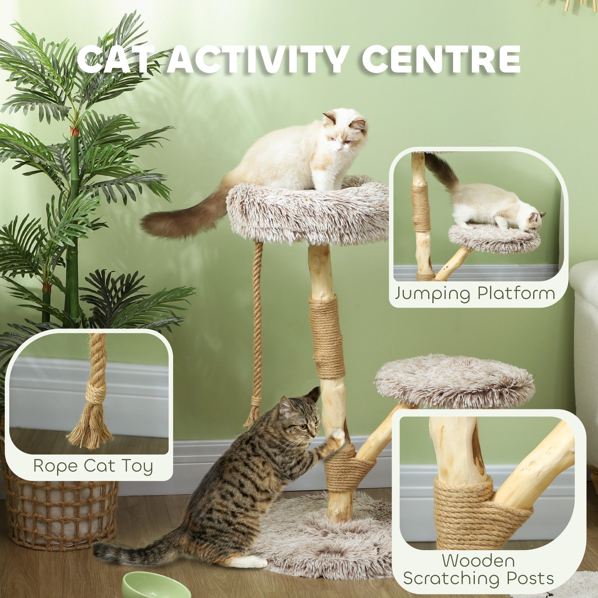 PawHut 35 Inch Modern Cat Tree for Indoor Adult Cats, with Wooden Scratching Posts, Cat Bed, Rope Cat Toy, Brown