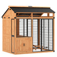 Load image into Gallery viewer, 7' x 5' Extra Large Dog House, Wood Outdoor Dog Kennel with Activity Platform, Stairs, Storage Cabinet, Pet Shelter with Waterproof Roof, Stainless Steel Bowls for Large Breeds, Yellow
