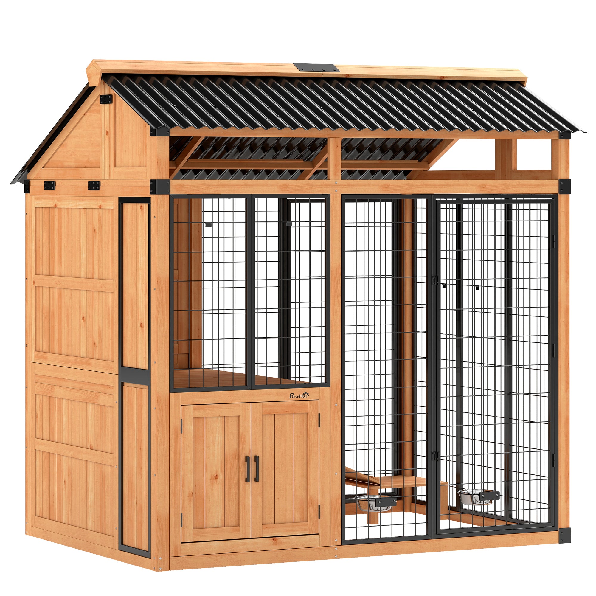 7' x 5' Extra Large Dog House, Wood Outdoor Dog Kennel with Activity Platform, Stairs, Storage Cabinet, Pet Shelter with Waterproof Roof, Stainless Steel Bowls for Large Breeds, Yellow