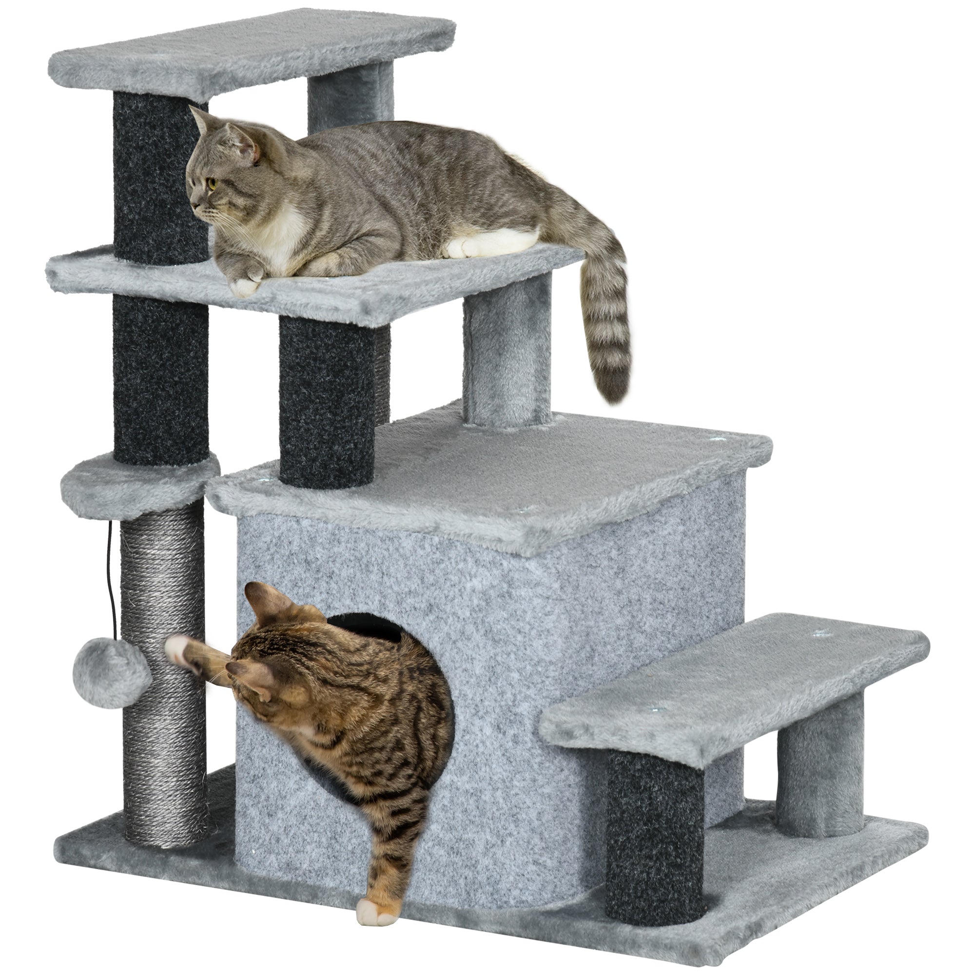 Adjustable Height Cat Stairs with Jute Scratching Posts, Cat House for Cozy Rest, Pet Steps for Couch Sofa and High Bed with Hanging Ball, Front Hole, Platform, Grey