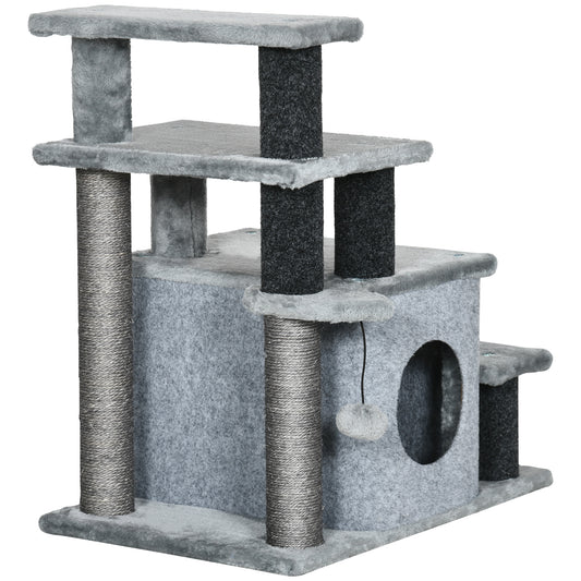 Adjustable Height Cat Stairs with Jute Scratching Posts, Cat House for Cozy Rest, Pet Steps for Couch Sofa and High Bed with Hanging Ball, Front Hole, Platform, Grey