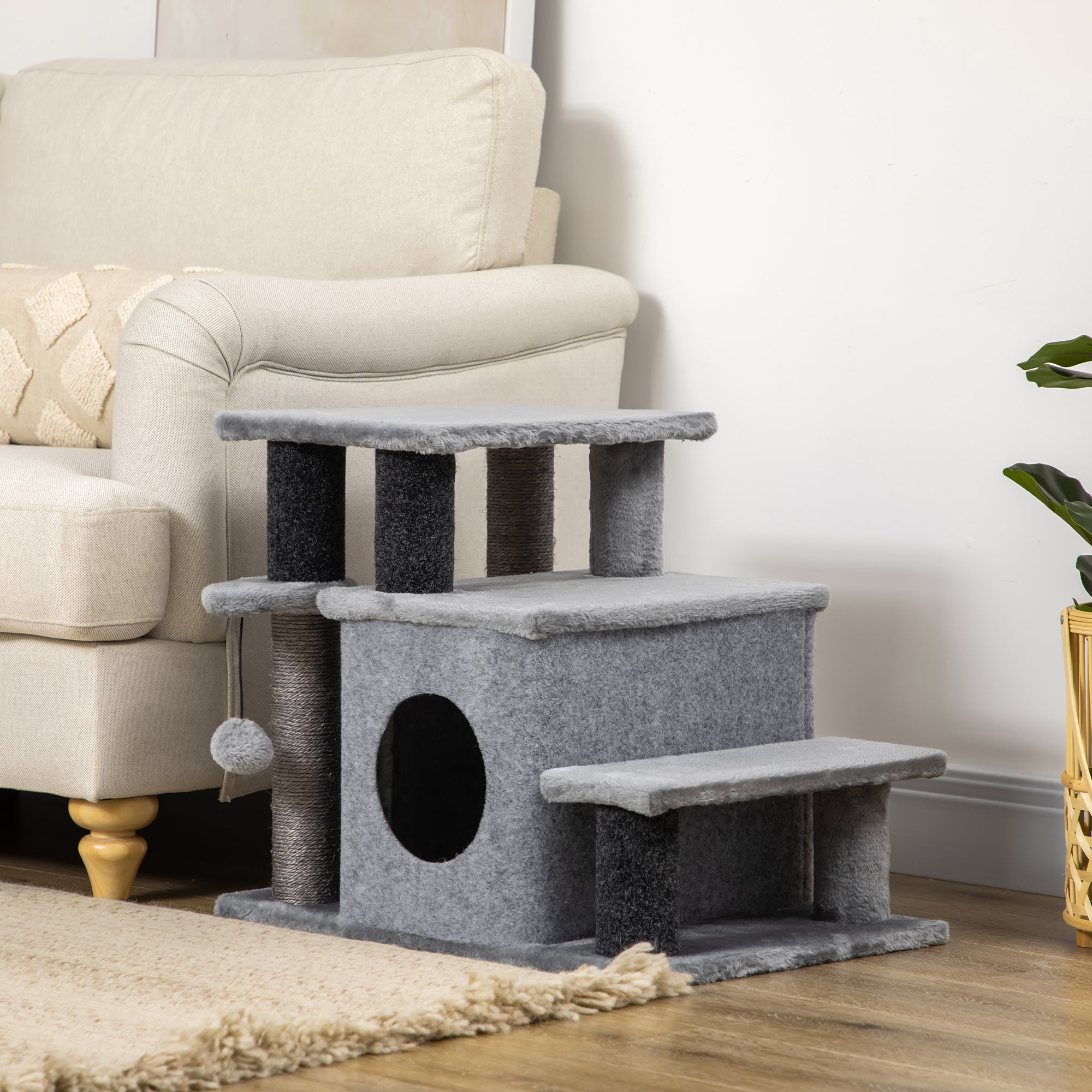 Adjustable Height Cat Stairs with Jute Scratching Posts, Cat House for Cozy Rest, Pet Steps for Couch Sofa and High Bed with Hanging Ball, Front Hole, Platform, Grey