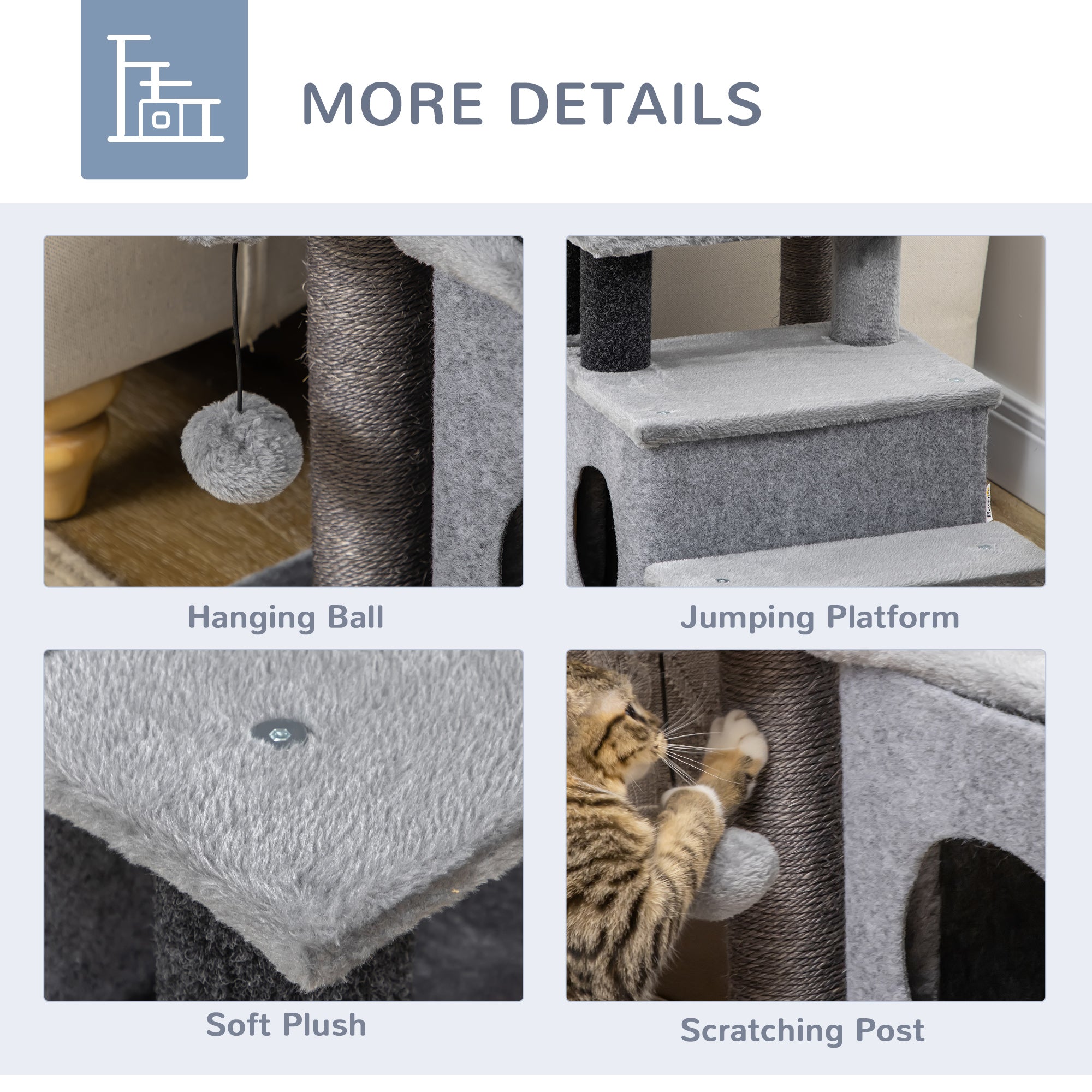 Adjustable Height Cat Stairs with Jute Scratching Posts, Cat House for Cozy Rest, Pet Steps for Couch Sofa and High Bed with Hanging Ball, Front Hole, Platform, Grey