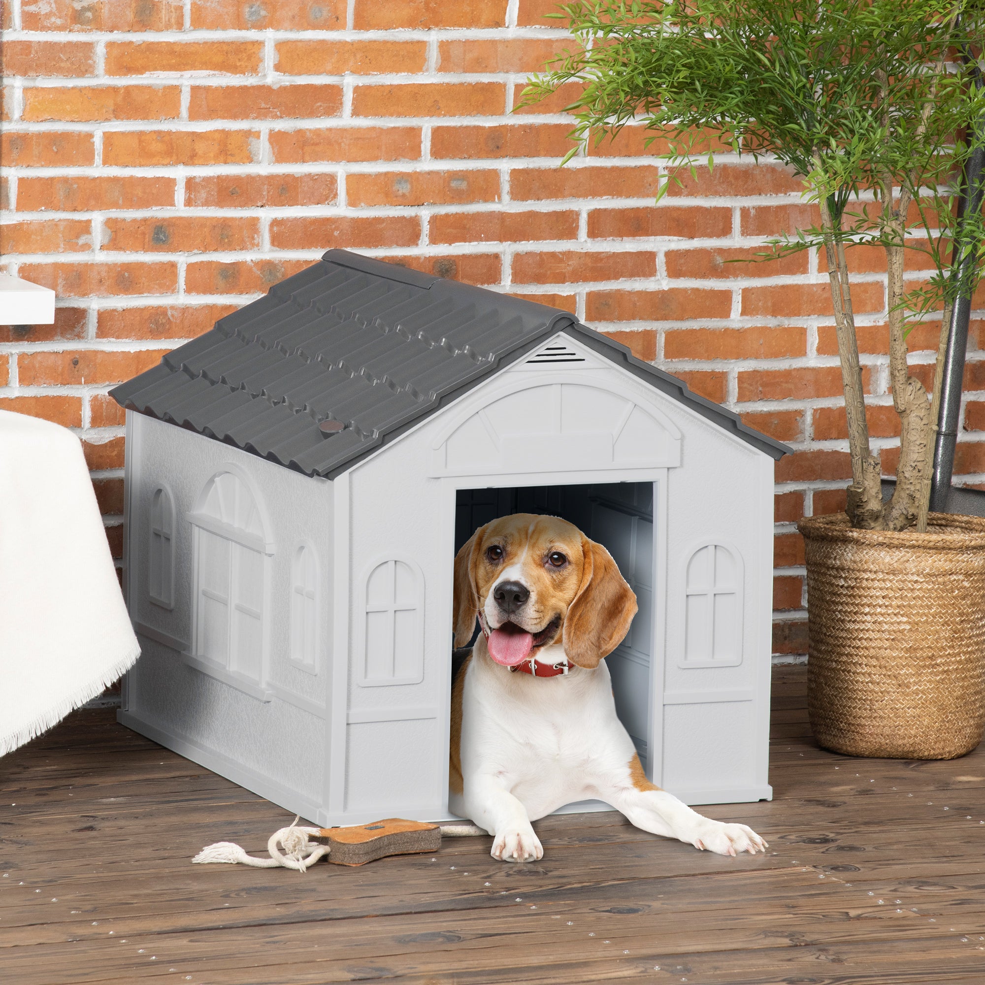 26" Plastic Dog House for Small Medium Dogs, Waterproof Dog Kennel with Air Vents, Outdoor Pet Shelter, Grey