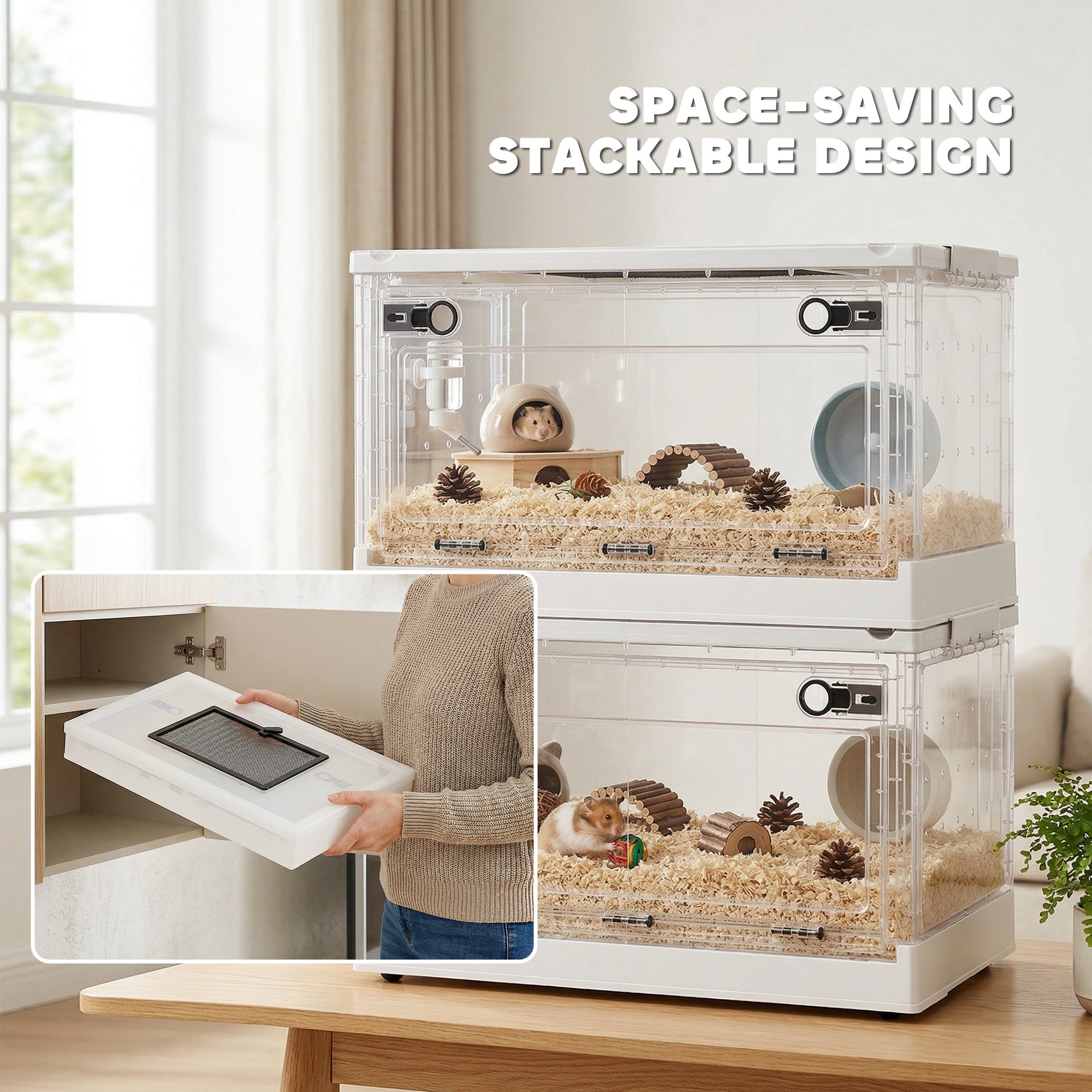 Hamster Cage, Stackable Small Animal Cage with Front Door, Ventilated Gebril Habitat for Dwarf Hamsters, Gerbils, Mice, 22" x 13" x 12", White