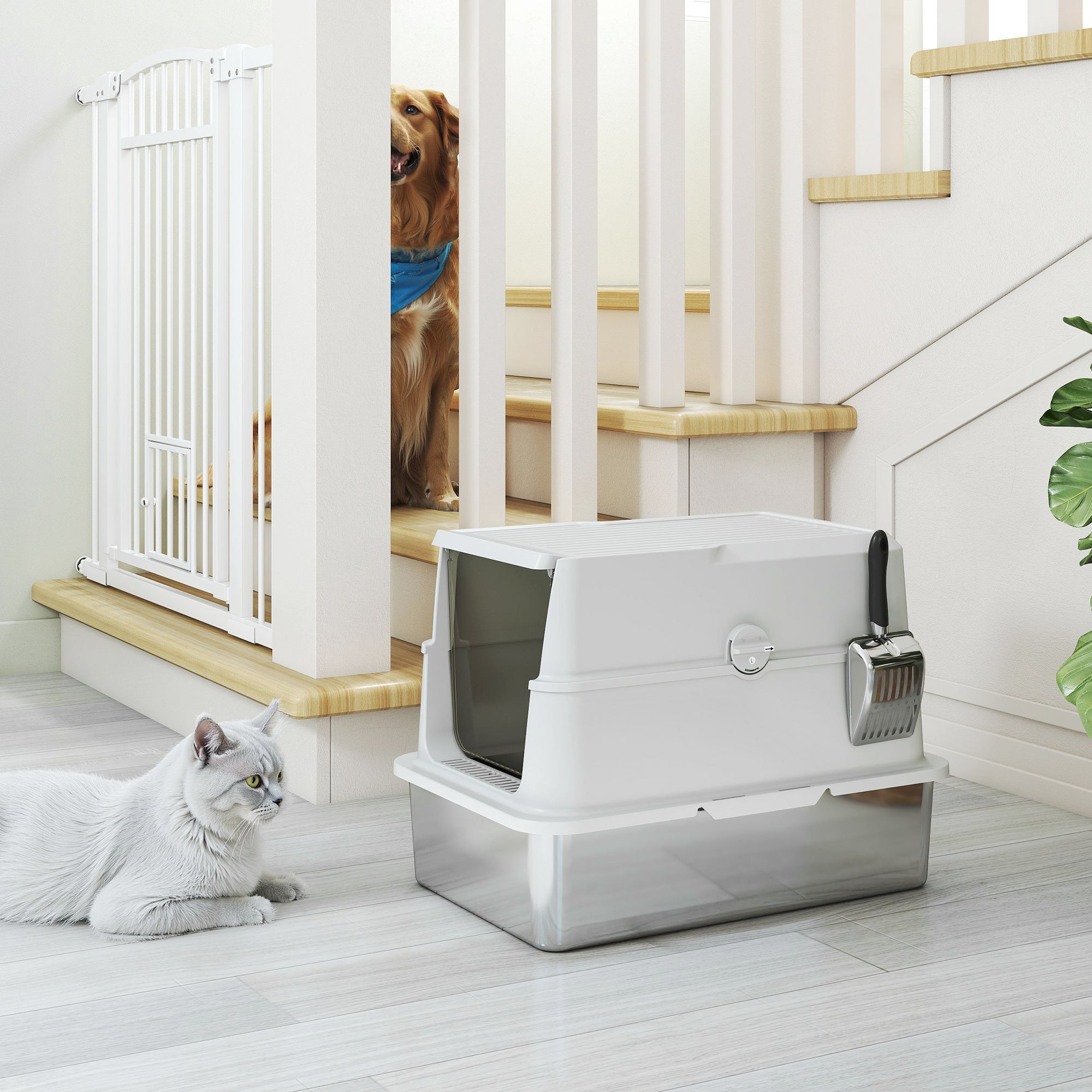 XL Stainless Steel Cat Litter Box with Lid, Extra Large Enclosed Metal Litter Box for Big Cats with Scoop, Flip Top, Easy Clean & No Odors, Non-Sticky