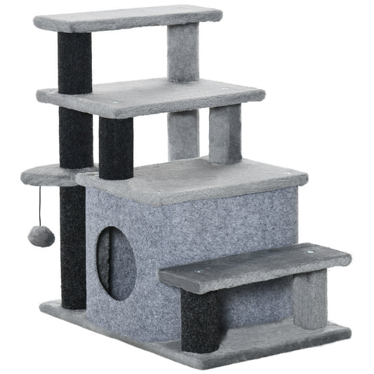 PawHut Pet Stairs, Adjustable Height 3 Step/4 Step Cat Steps with Cat Scratching Post, Cat Condo, Toy Ball for High Bed, Sofa, Couch, for Indoor Small Cats Kittens, Gray