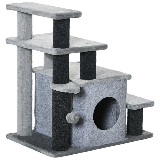 PawHut Pet Stairs, Adjustable Height 3 Step/4 Step Cat Steps with Cat Scratching Post, Cat Condo, Toy Ball for High Bed, Sofa, Couch, for Indoor Small Cats Kittens, Gray