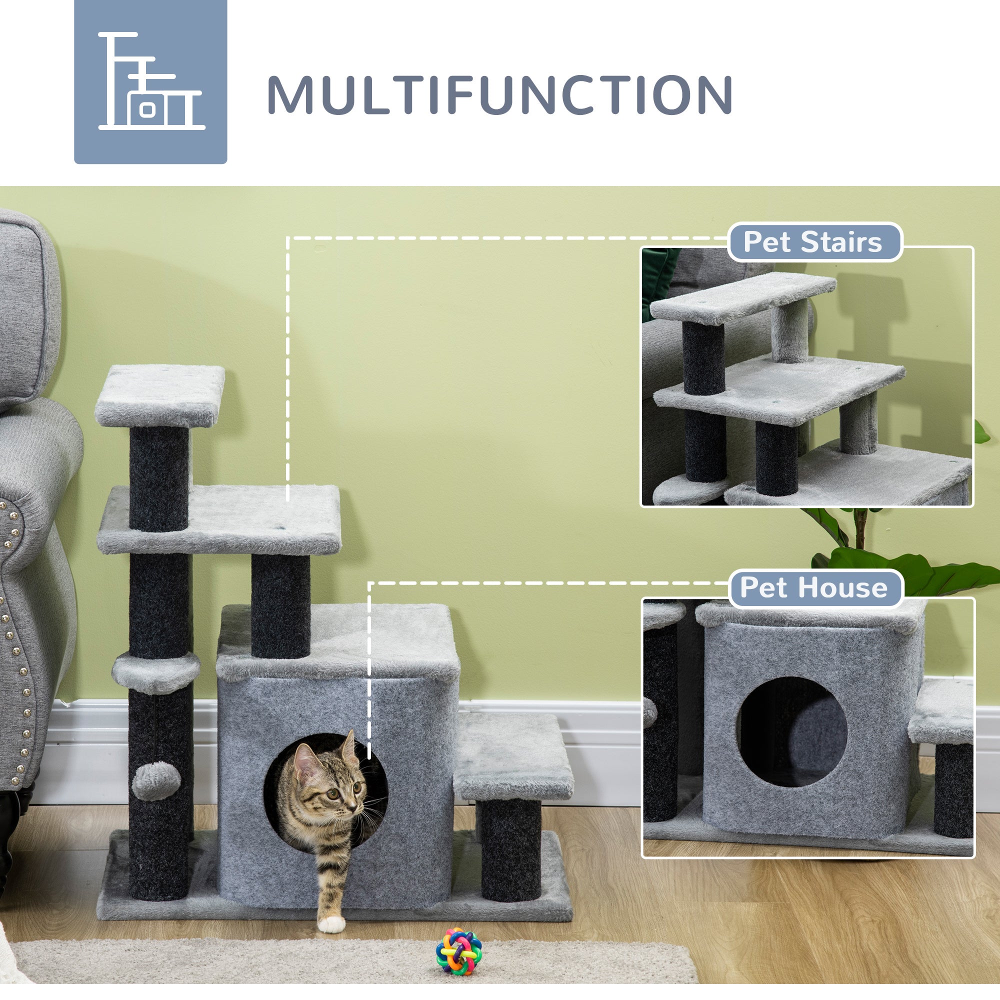 Dog Steps for Bed, 4 Step Pet Stairs with Cat House, Detachable Cover, Jute Scratching Post, Cat Climb ladder for Sofa w/ Hanging Balls  - Grey