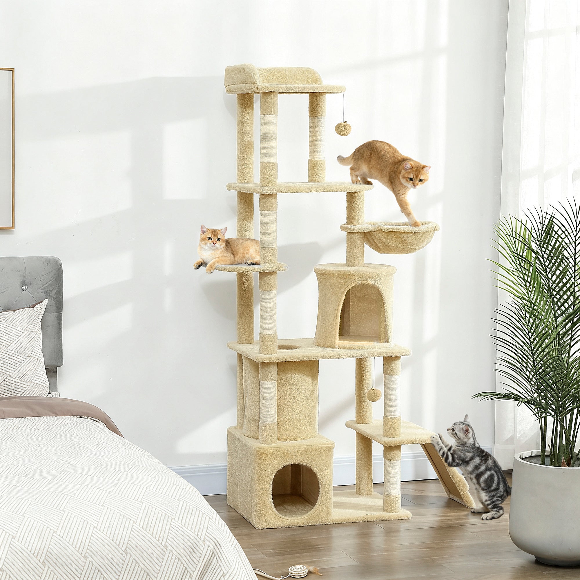 Cat Tree, 67" Large Cat Tower for Indoor Kittens Multi-Level with 7 Scratching Posts, Tunnel, 2 Plush Condos, Hammock, Perch, Ramp, Pompoms, Beige