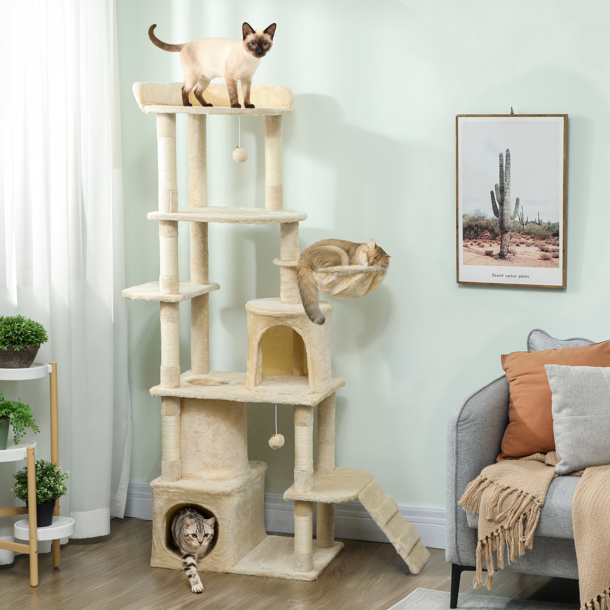 Cat Tree, 67" Large Cat Tower for Indoor Kittens Multi-Level with 7 Scratching Posts, Tunnel, 2 Plush Condos, Hammock, Perch, Ramp, Pompoms, Beige