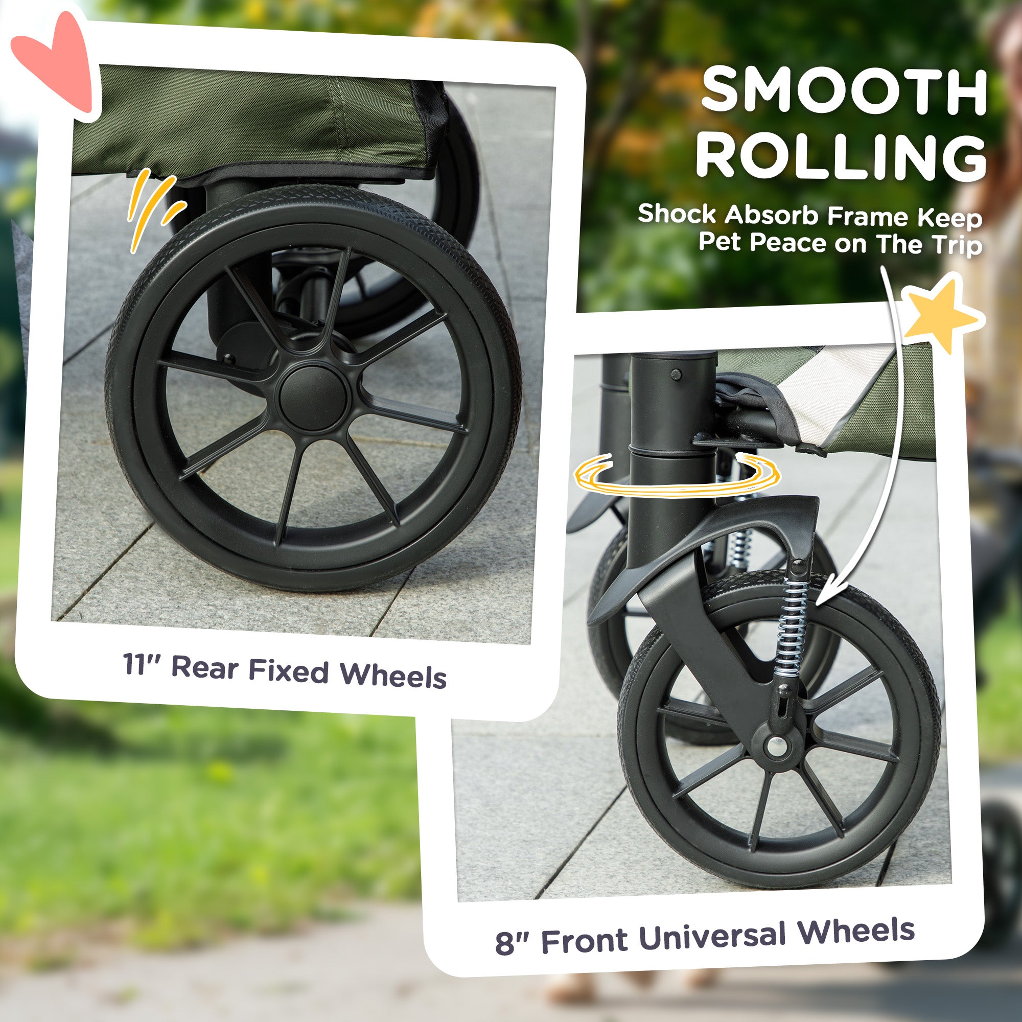 Pet Stroller for Small Medium Large Dogs and Cats, Foldable Dog Stroller with 4 Wheels, Shock-Absorbing Frame, Safety Leashes, Brakes, for Pets up to 66 lbs, Dark Green