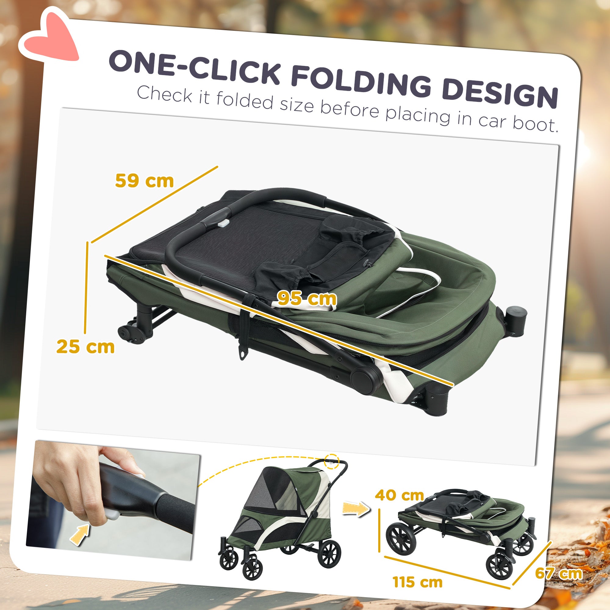 Pet Stroller for Small Medium Large Dogs and Cats, Foldable Dog Stroller with 4 Wheels, Shock-Absorbing Frame, Safety Leashes, Brakes, for Pets up to 66 lbs, Dark Green