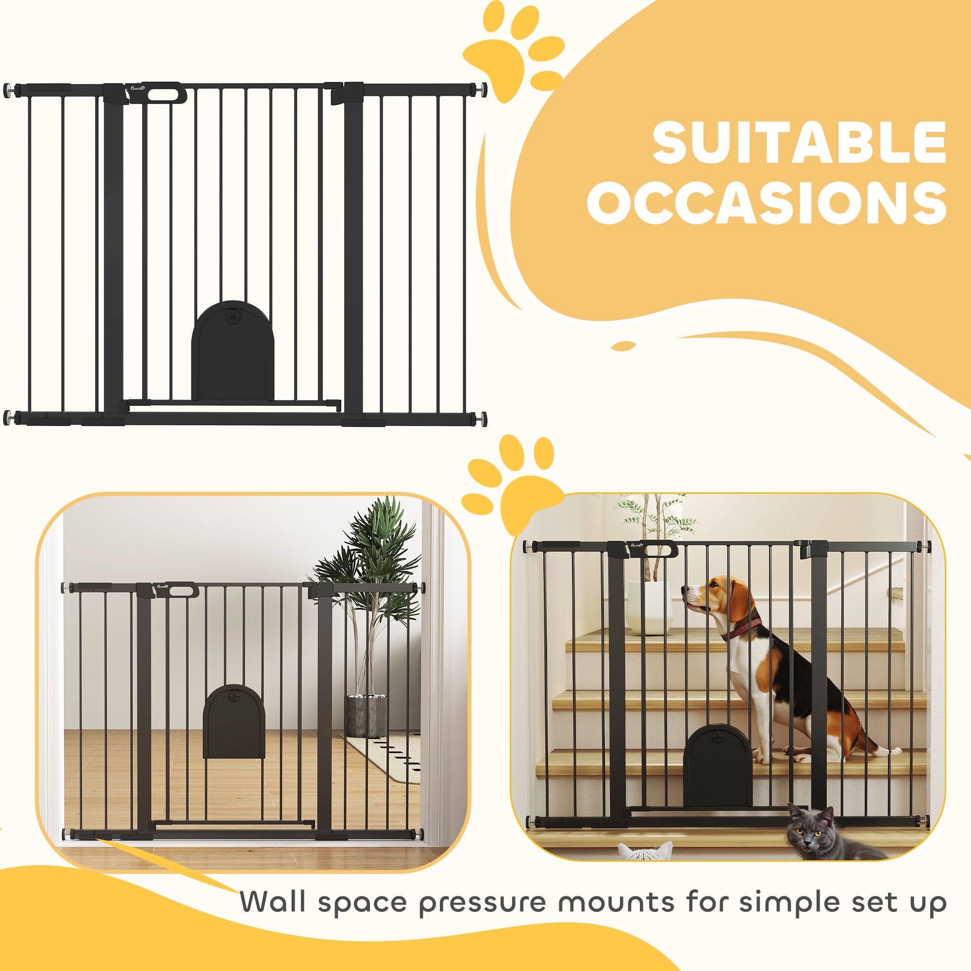 30"-52" Extra Wide Pet Gate with Small Door, 35"H Dog Gate with Safety Gate Barrier, Stair Pressure Fit, Auto Close, Double Locking, for Doorways, Hallways, White