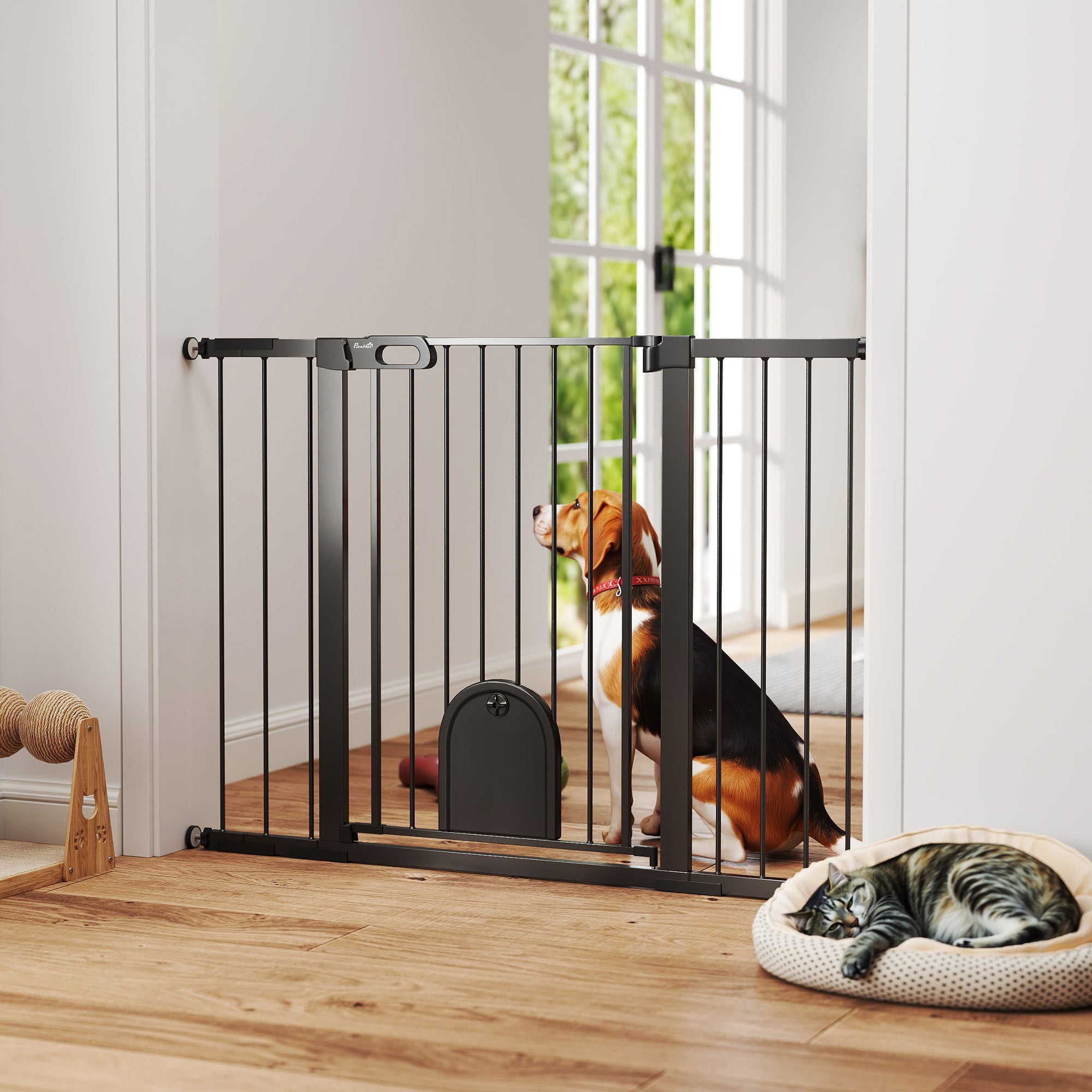 30"-52" Extra Wide Pet Gate with Small Door, 35"H Dog Gate with Safety Gate Barrier, Stair Pressure Fit, Auto Close, Double Locking, for Doorways, Hallways, White