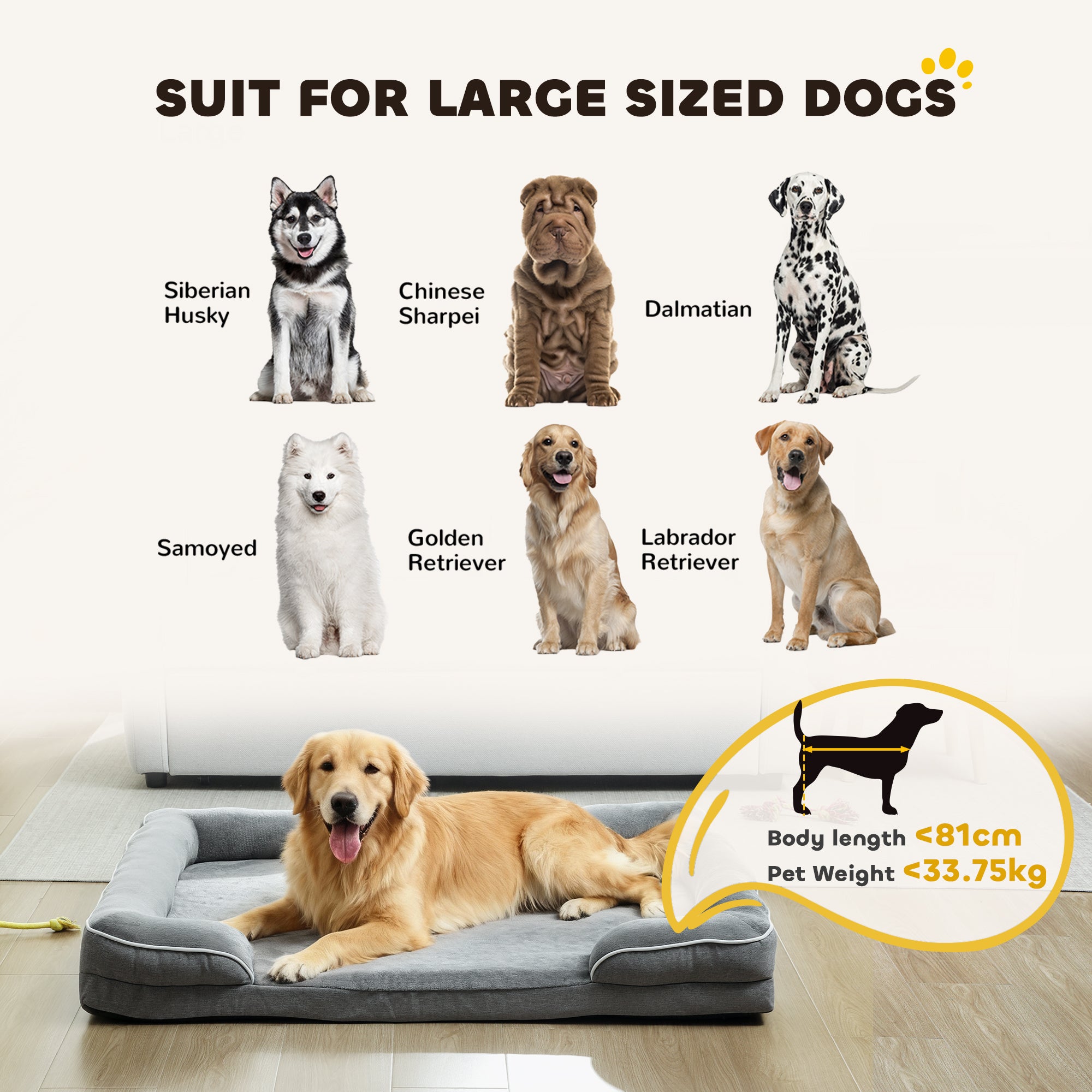 Memory Foam Dog Bed Sofa, Washable Orthopedic Dog Bed Couch with Removable Flannel Cover, 3-Sided Pet Pillow with U-Shape Bolster, Non-Slip Bottom, Grey, 112 x 80 x 16.5 cm