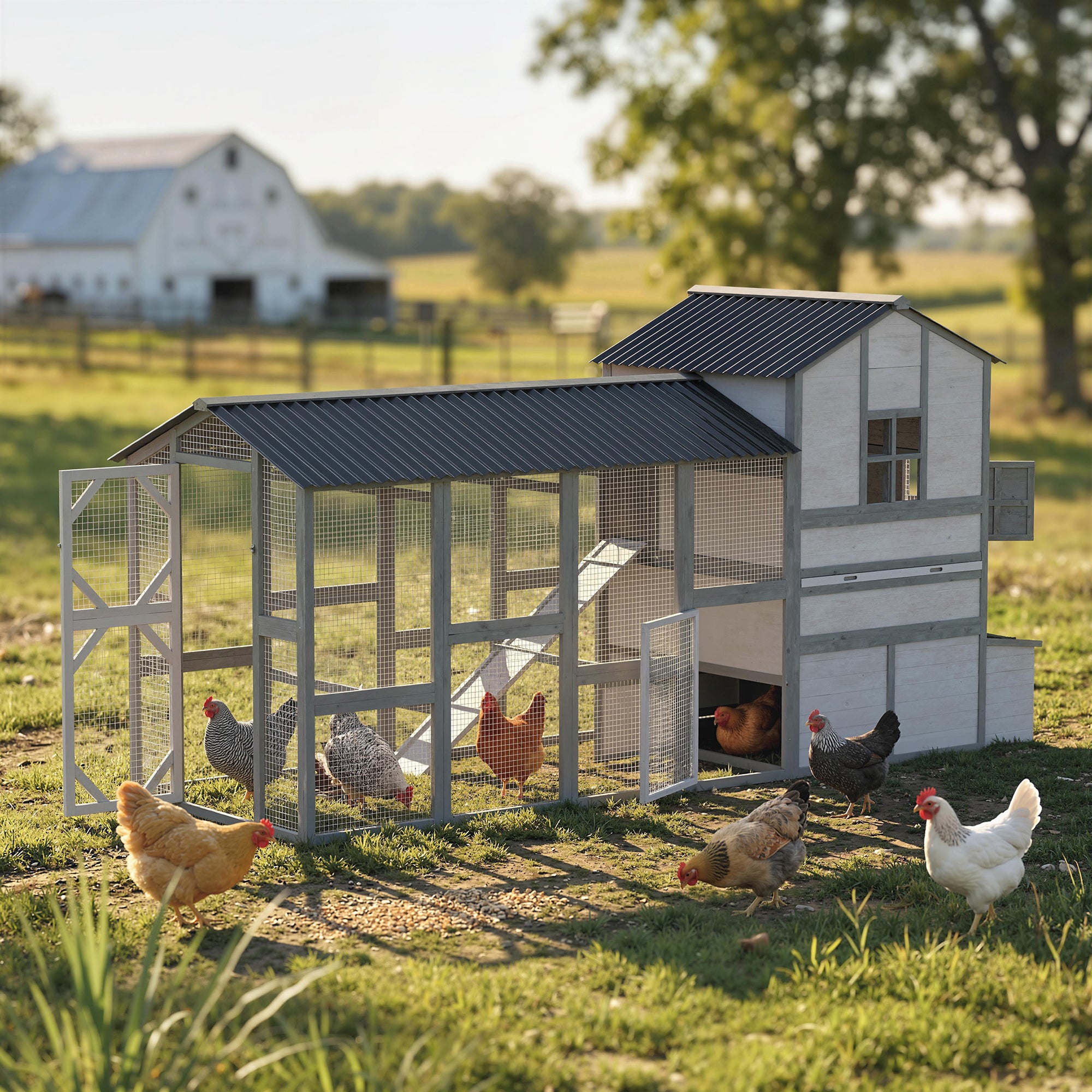 147" Extra Large Chicken Coop, Wooden Hen House for 8-10 Hens, Outdoor Chicken House Poultry Hutch with Run, Pull-Out Tray, Nesting Box, Ventilated Windows, Ramp for Rabbit Duck, Gray