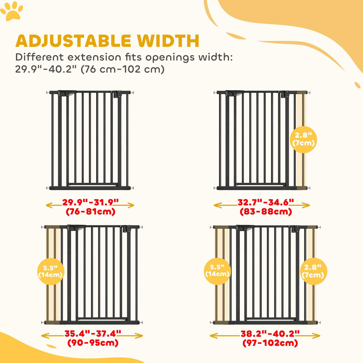 Baby Gate, 30"-32", 33"-35", 35"-37", 38"-40"W Pet Gate with Auto-Close, Two-Way Open, Pressure Mounted for Stair, Doorways and Hallways, 36"H, Black