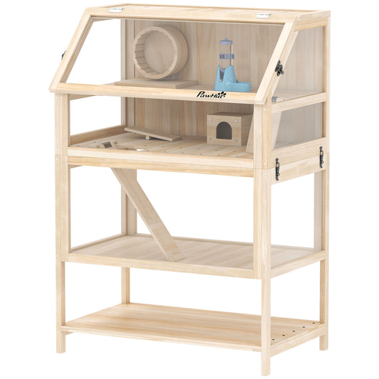 Wooden Hamster Cage, 3 Tier Small Animal Cage with Detachable Lower Floor, Storage Shelf, Hut, Seesaw, Exercise Wheel, Ramps, Hamster Habitat for Dwarf, Gerbil, 80L x 53W x 117H cm, Natural