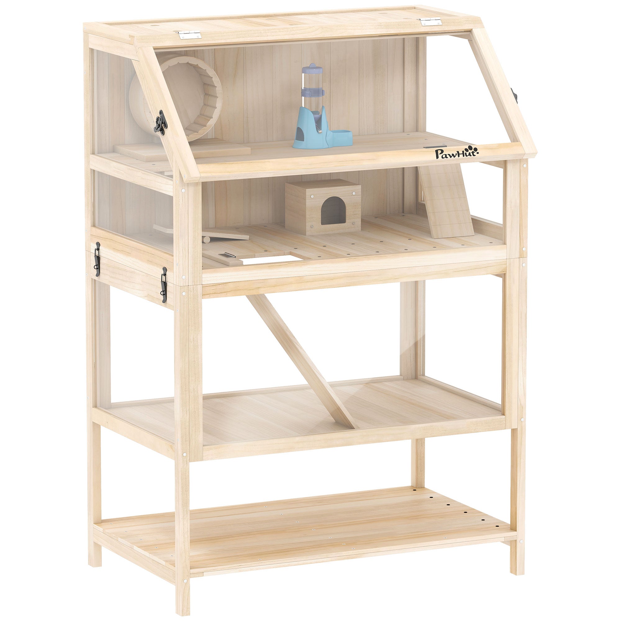 Wooden Hamster Cage, 3 Tier Small Animal Cage with Detachable Lower Floor, Storage Shelf, Hut, Seesaw, Exercise Wheel, Ramps, Hamster Habitat for Dwarf, Gerbil, 31.5" x 21" x 46"