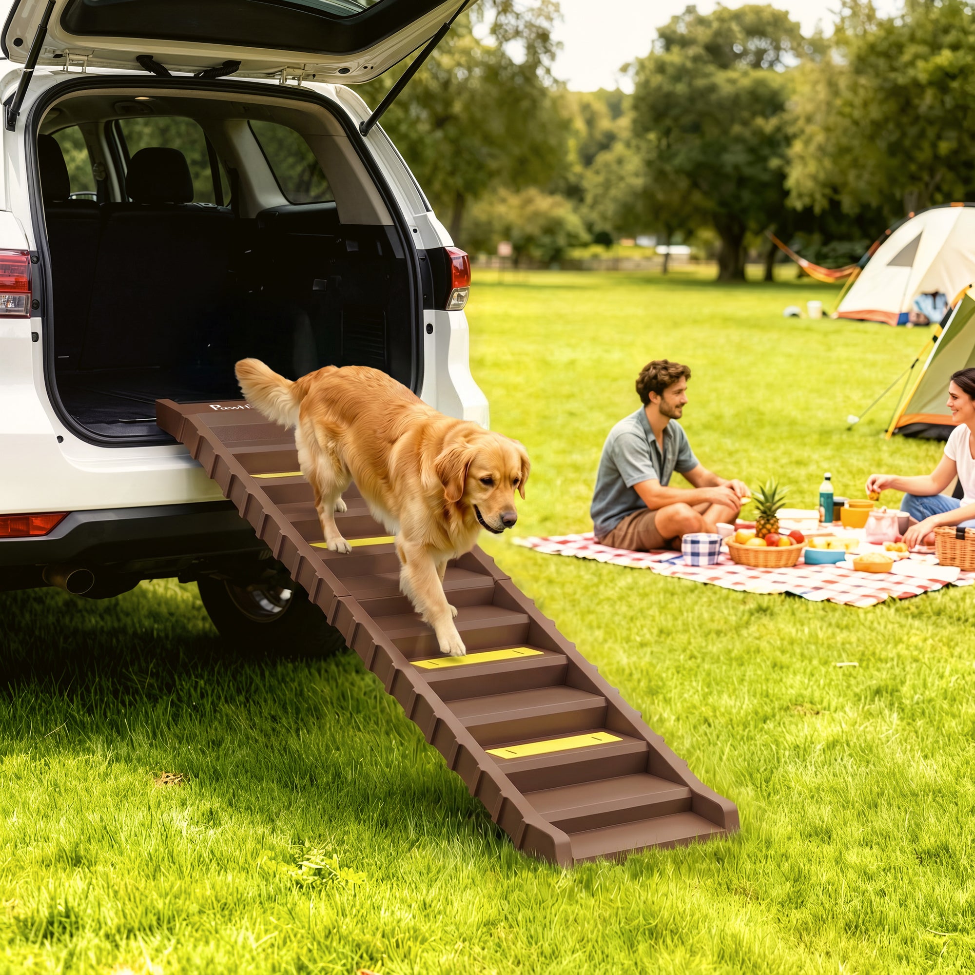 Dog Stairs for Car Truck SUV, Foldable Dog Ramp for Medium Small Dogs, Folding Pet Stairs with Non-slip Strips & Pads, Supports Up to 150 lbs (10 Steps), Brown
