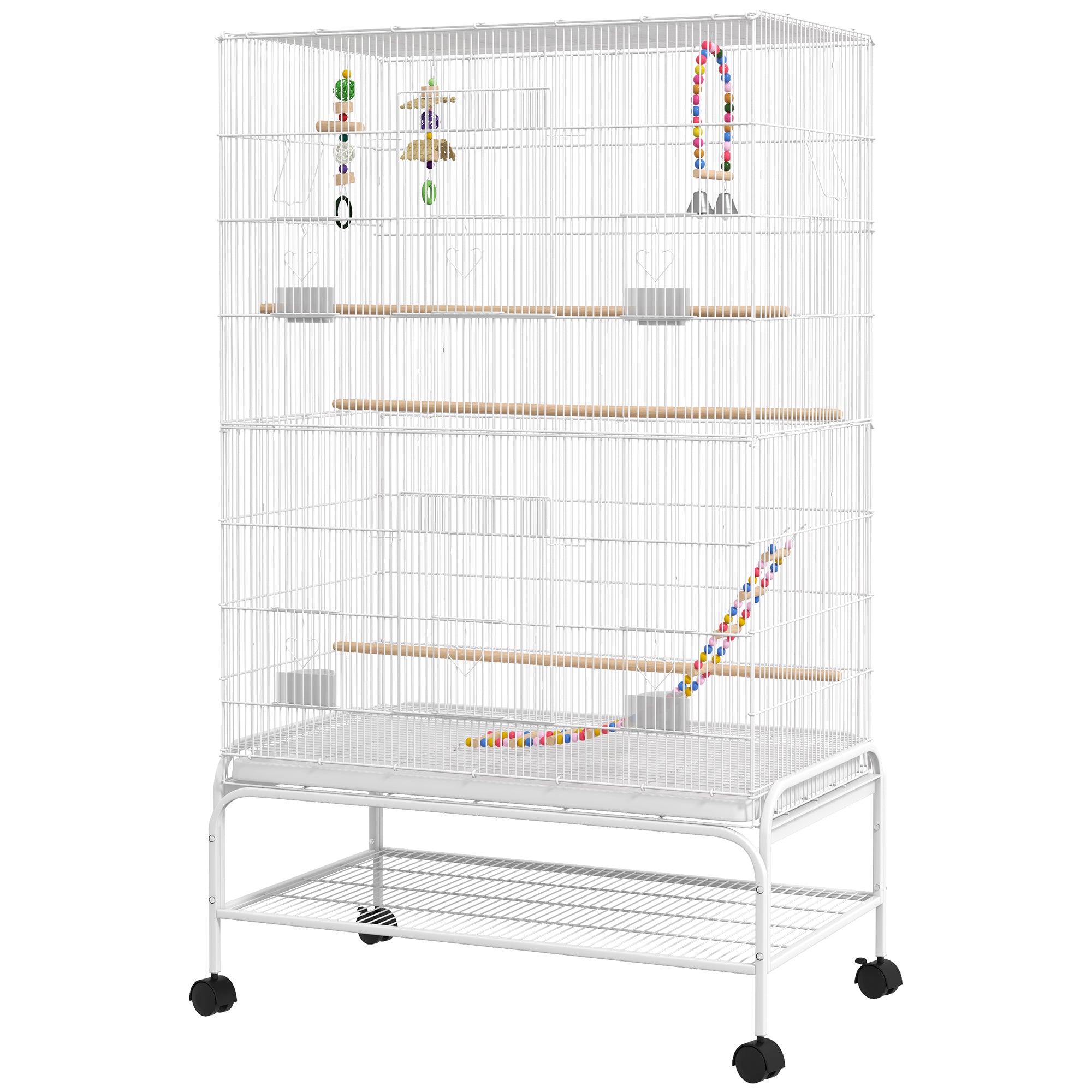 52" Bird Cage for Budgies Cockatiels Canaries Lovebirds Finches with Rolling Stand, Toys, Removable Tray, Storage Shelf, White