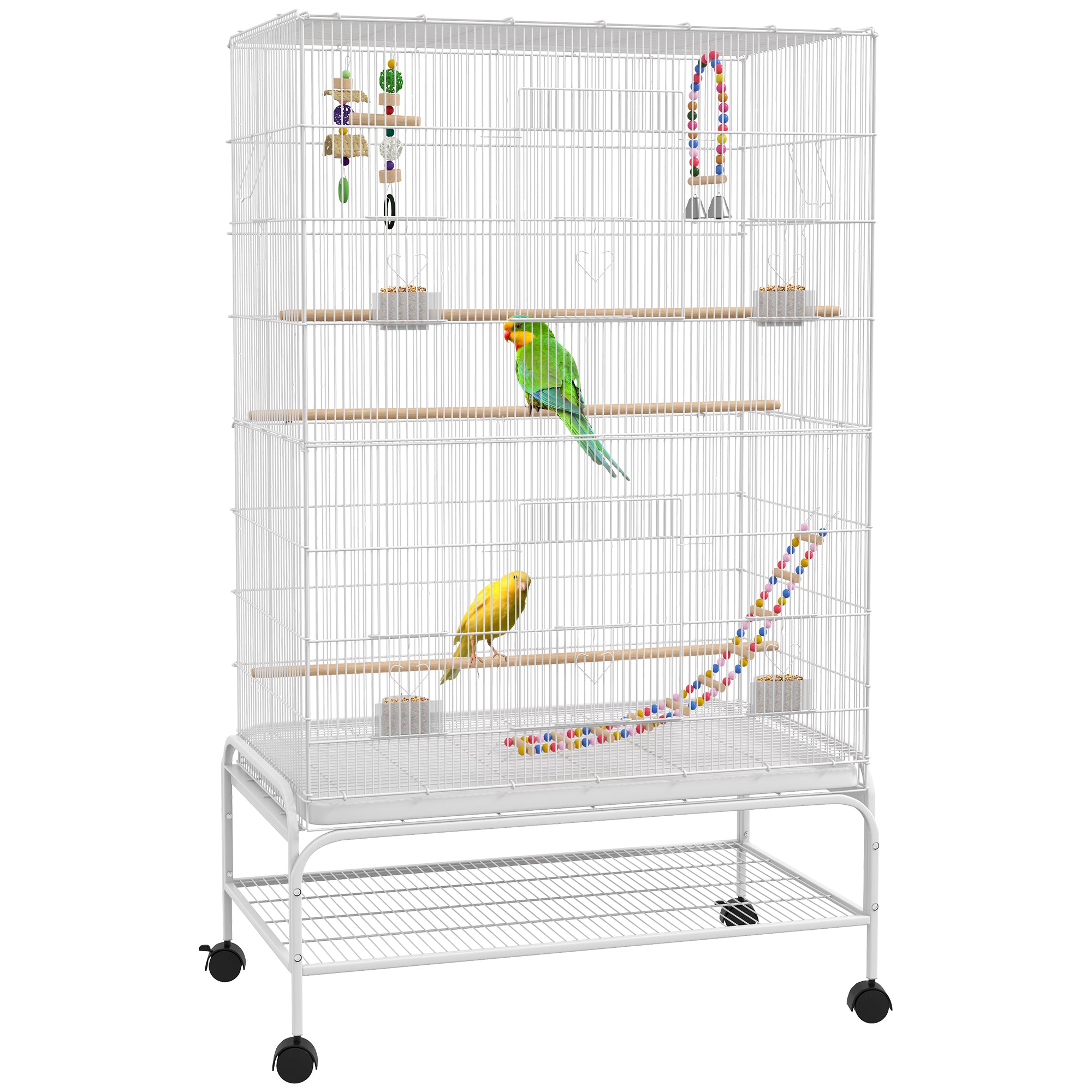 52" Bird Cage for Budgies Cockatiels Canaries Lovebirds Finches with Rolling Stand, Toys, Removable Tray, Storage Shelf, White