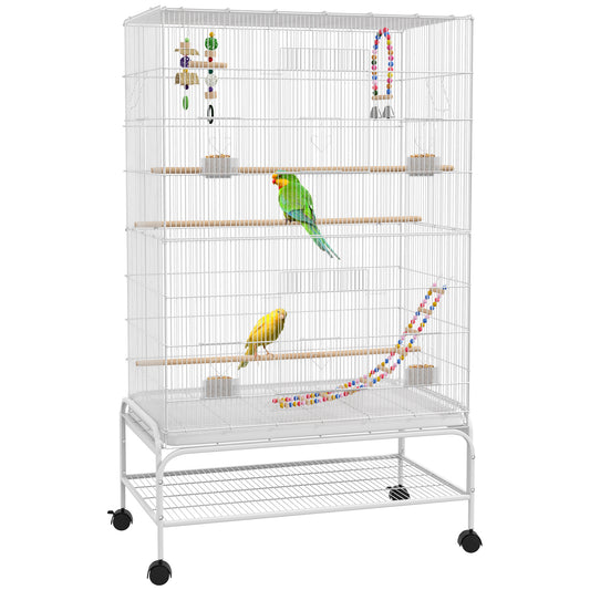 52" Bird Cage for Budgies Cockatiels Canaries Lovebirds Finches with Rolling Stand, Toys, Removable Tray, Storage Shelf, White