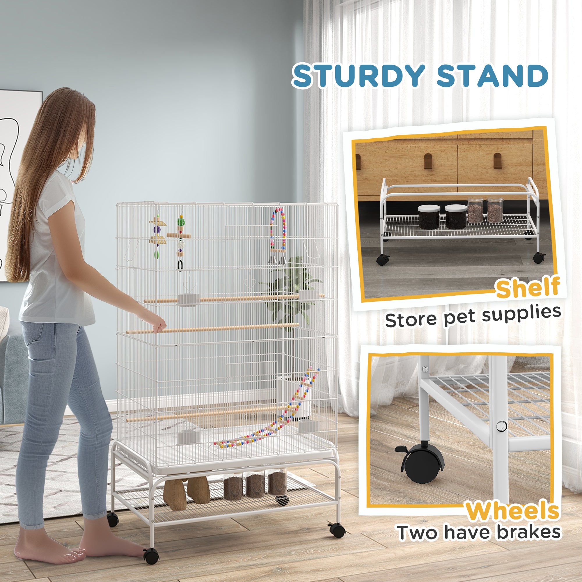 52" Bird Cage for Budgies Cockatiels Canaries Lovebirds Finches with Rolling Stand, Toys, Removable Tray, Storage Shelf, White