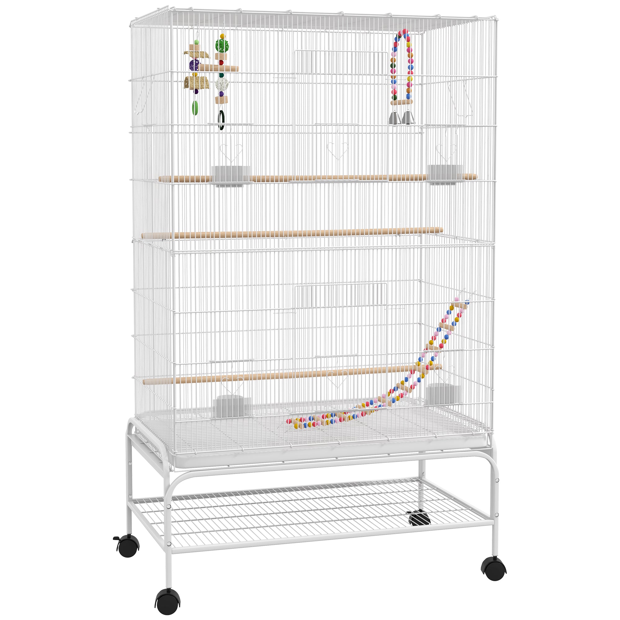 52" Bird Cage for Budgies Cockatiels Canaries Lovebirds Finches with Rolling Stand, Toys, Removable Tray, Storage Shelf, White