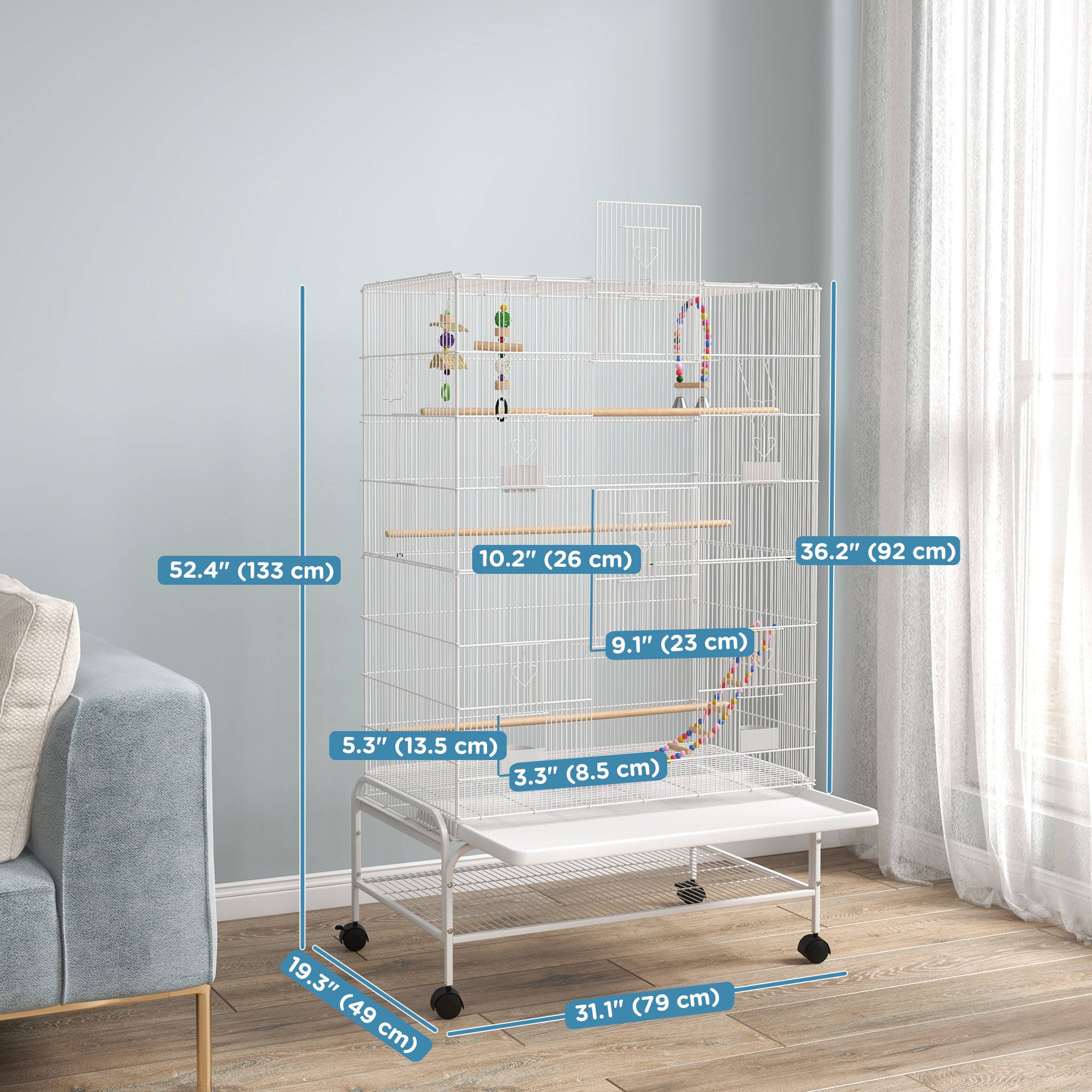 52" Bird Cage for Budgies Cockatiels Canaries Lovebirds Finches with Rolling Stand, Toys, Removable Tray, Storage Shelf, White