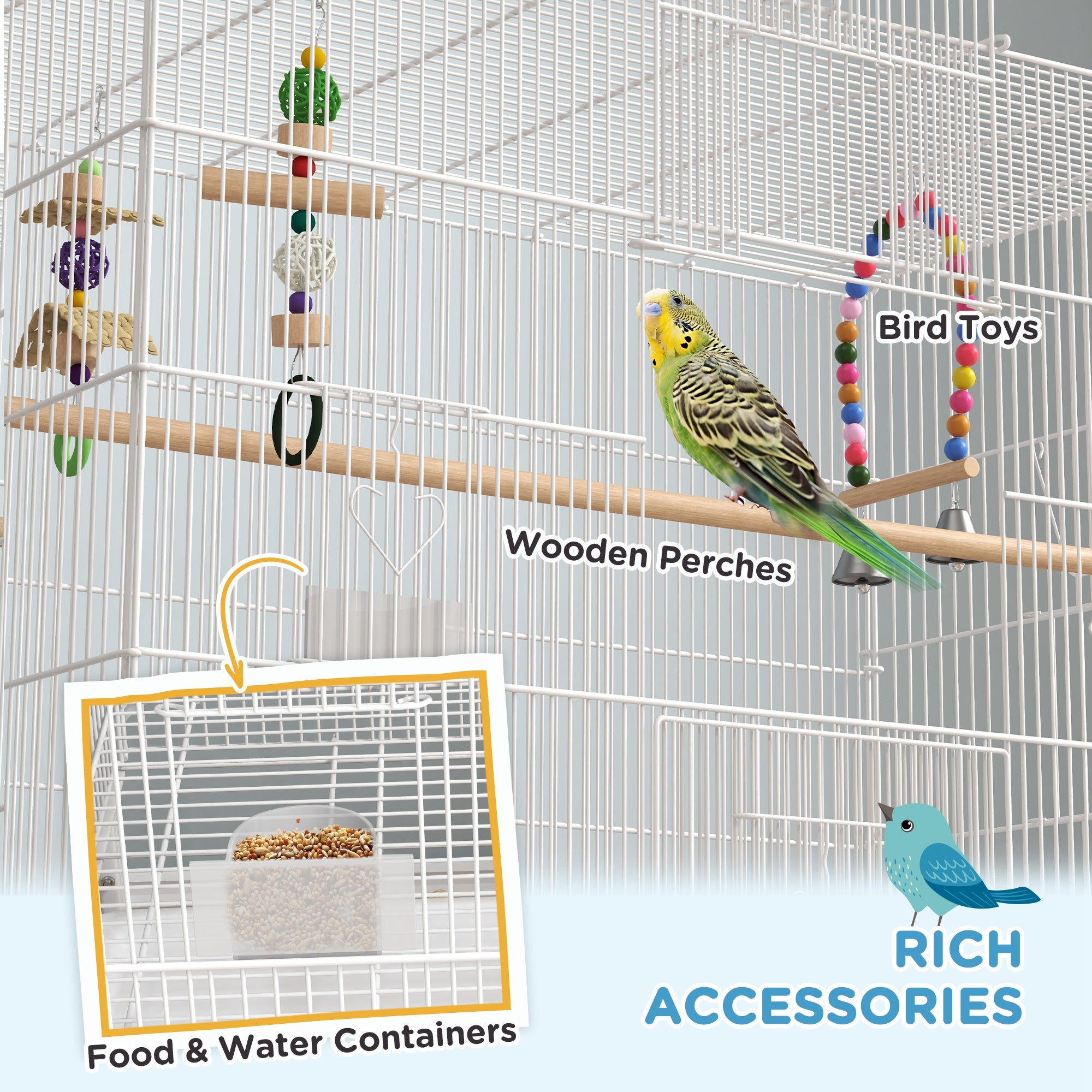 52" Bird Cage for Budgies Cockatiels Canaries Lovebirds Finches with Rolling Stand, Toys, Removable Tray, Storage Shelf, White