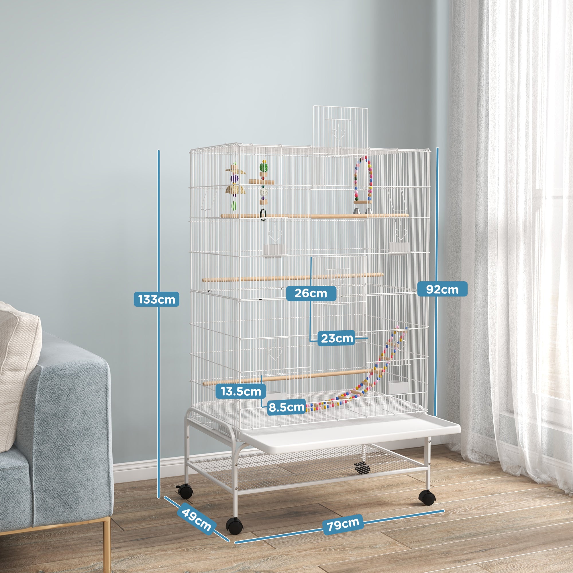 Large Bird Cage Budgie Cage with Stand, Toys, Wheels, Accessories, Storage Shelf for Canaries, Finches, Lovebirds, Parakeets - White, 79 x 49 x 133 cm