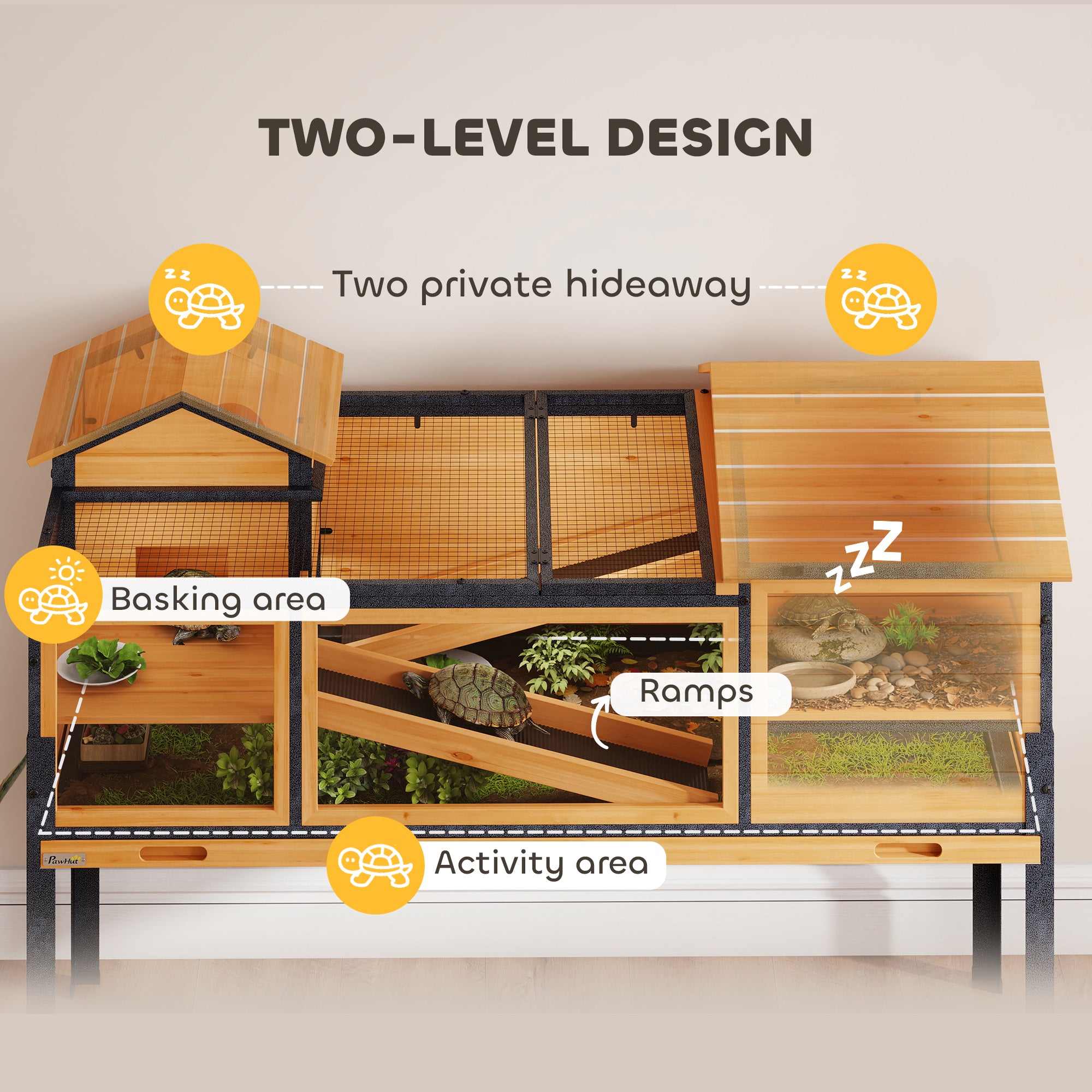 Tortoise House with 2 Rooms, Wooden Reptile Enclosure Habitat with Clear Windows, Ramps, Openable Top, Built-in Tray, with Stand Legs for Indoor Use, Yellow
