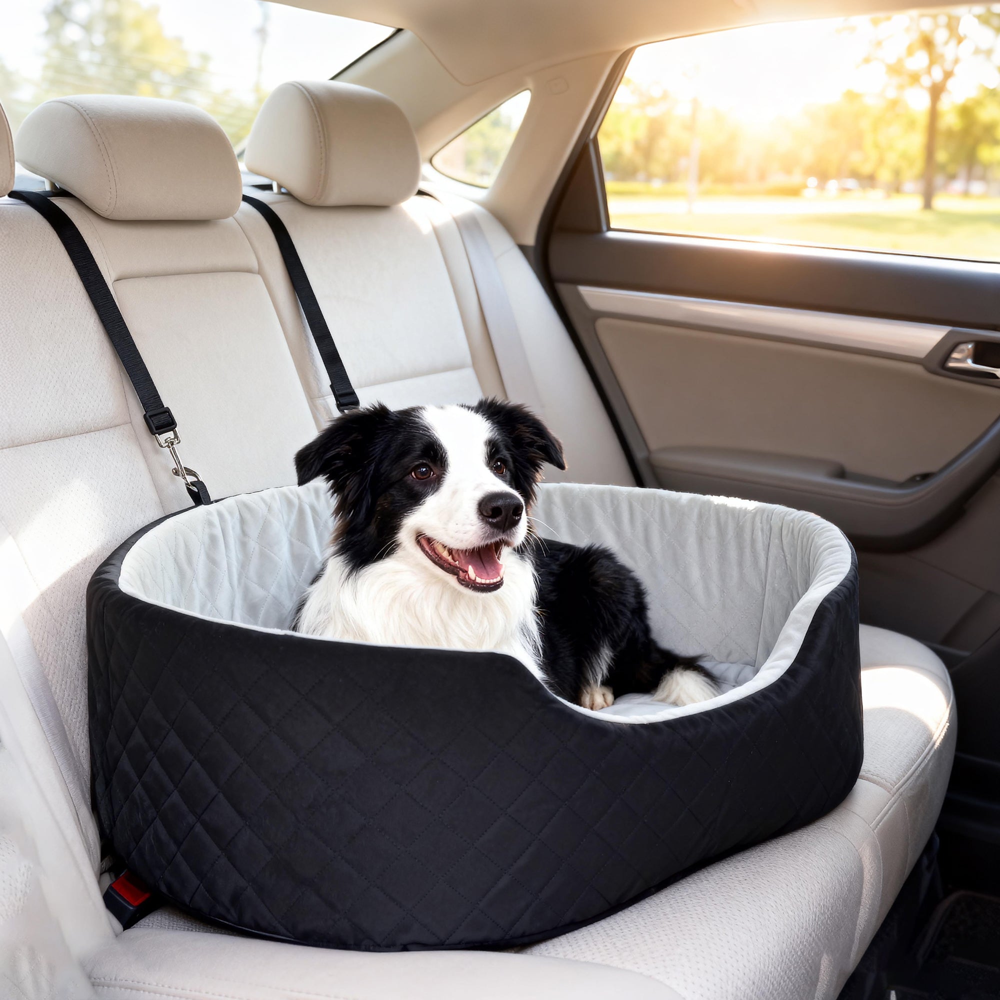 Dog Car Seat for Small Medium Pets, Dog Car Bed with Cushion and Safety Belt, Detachable and Washable Pet Bed for Puppy Under 33lbs, Black