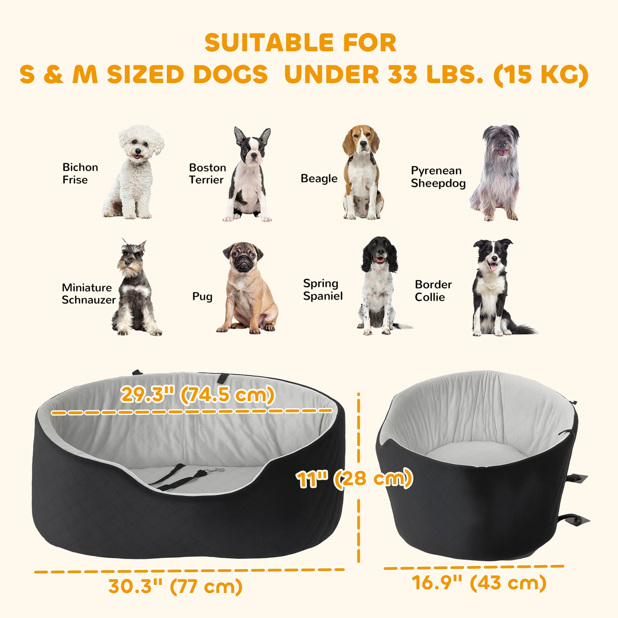 Dog Car Seat for Small Medium Pets, Dog Car Bed with Cushion and Safety Belt, Detachable and Washable Pet Bed for Puppy Under 33lbs, Black