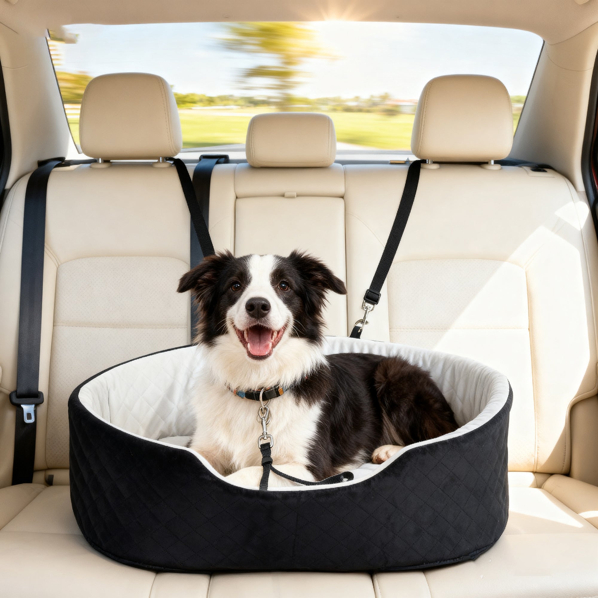 Dog Car Seat for Small Medium Pets, Dog Car Bed with Cushion and Safety Belt, Detachable and Washable Pet Bed for Puppy Under 33lbs, Black
