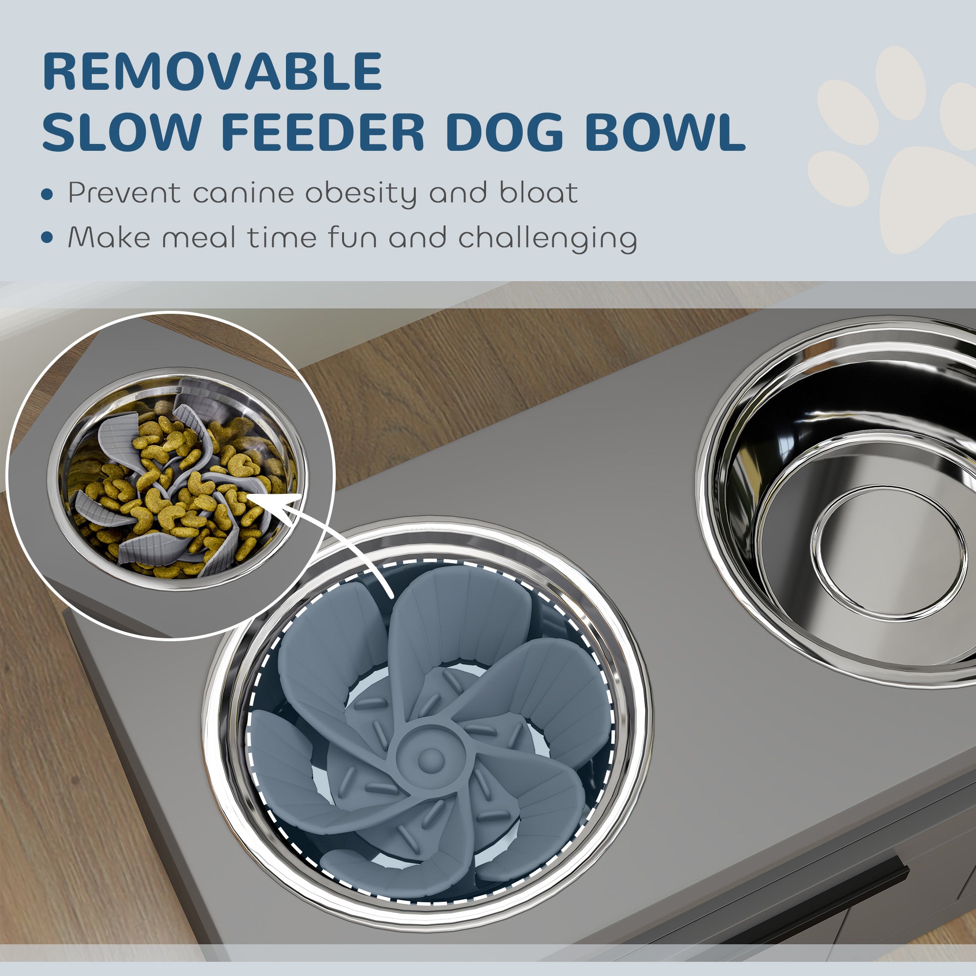 Elevated Dog Bowls, Raised Dogs Bowl Stand with 2 Stainless Steel Bowls, 25L Storage Drawer and Slow Feeder Mat, Dog Feeding Station for Large and Extra Large Dogs, Gray