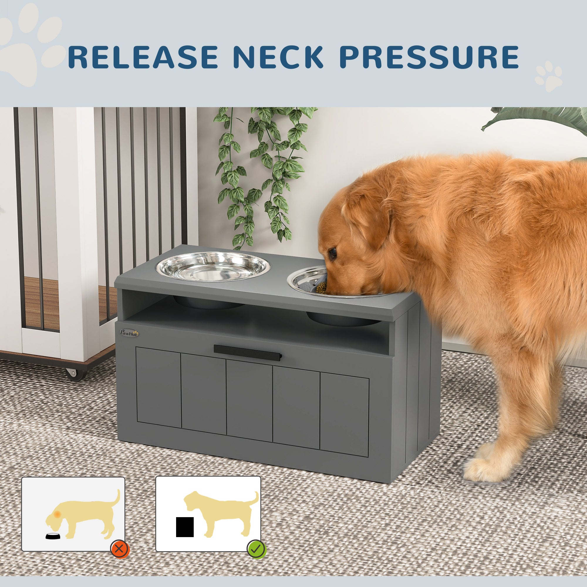 Elevated Dog Bowls, Raised Dogs Bowl Stand with 2 Stainless Steel Bowls, 25L Storage Drawer and Slow Feeder Mat, Dog Feeding Station for Large and Extra Large Dogs, Gray