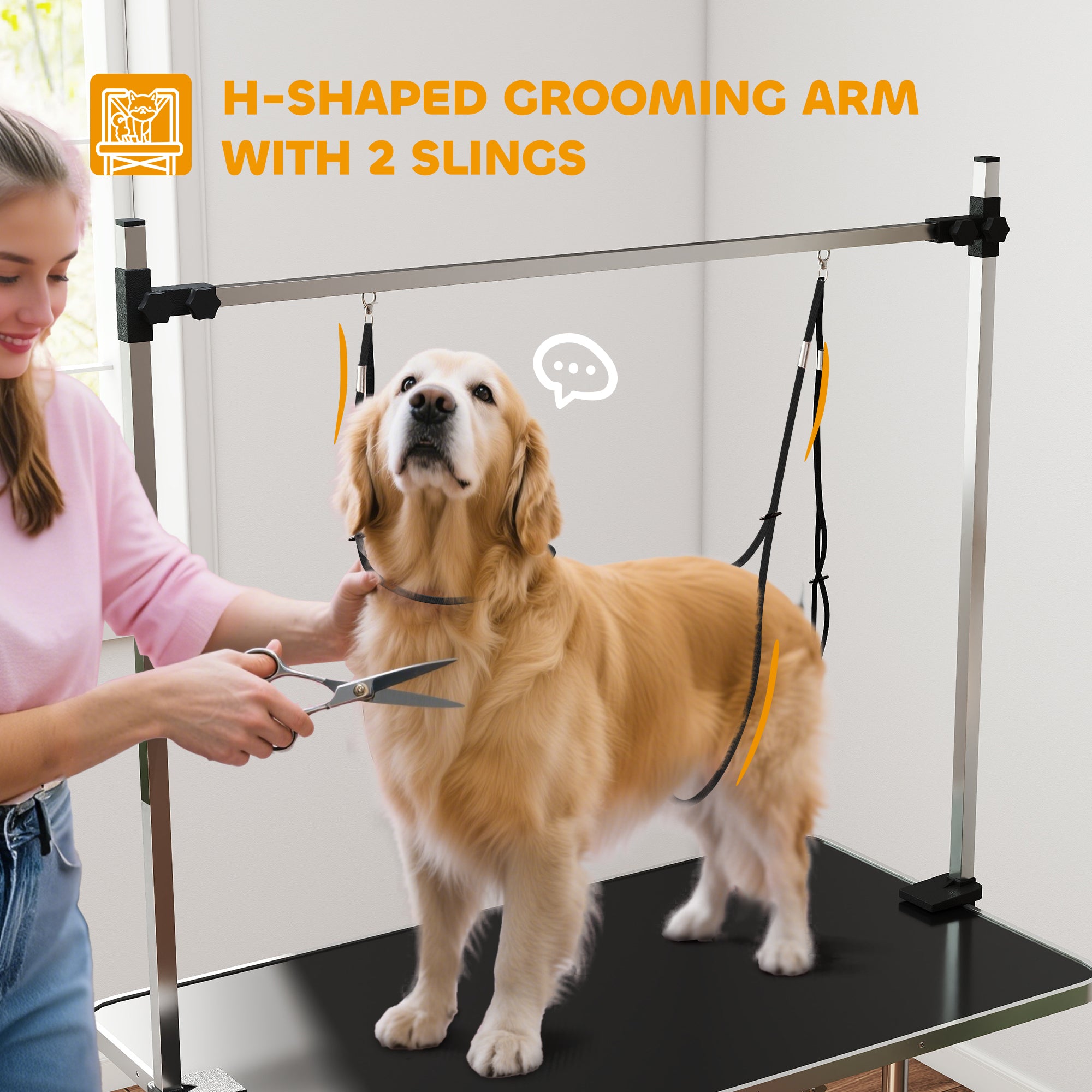 42" Foldable Dog Grooming Table Adjustable Pet Cat Drying Beauty Table Rubber Top with 2 Loops Storage Basket Metal Black