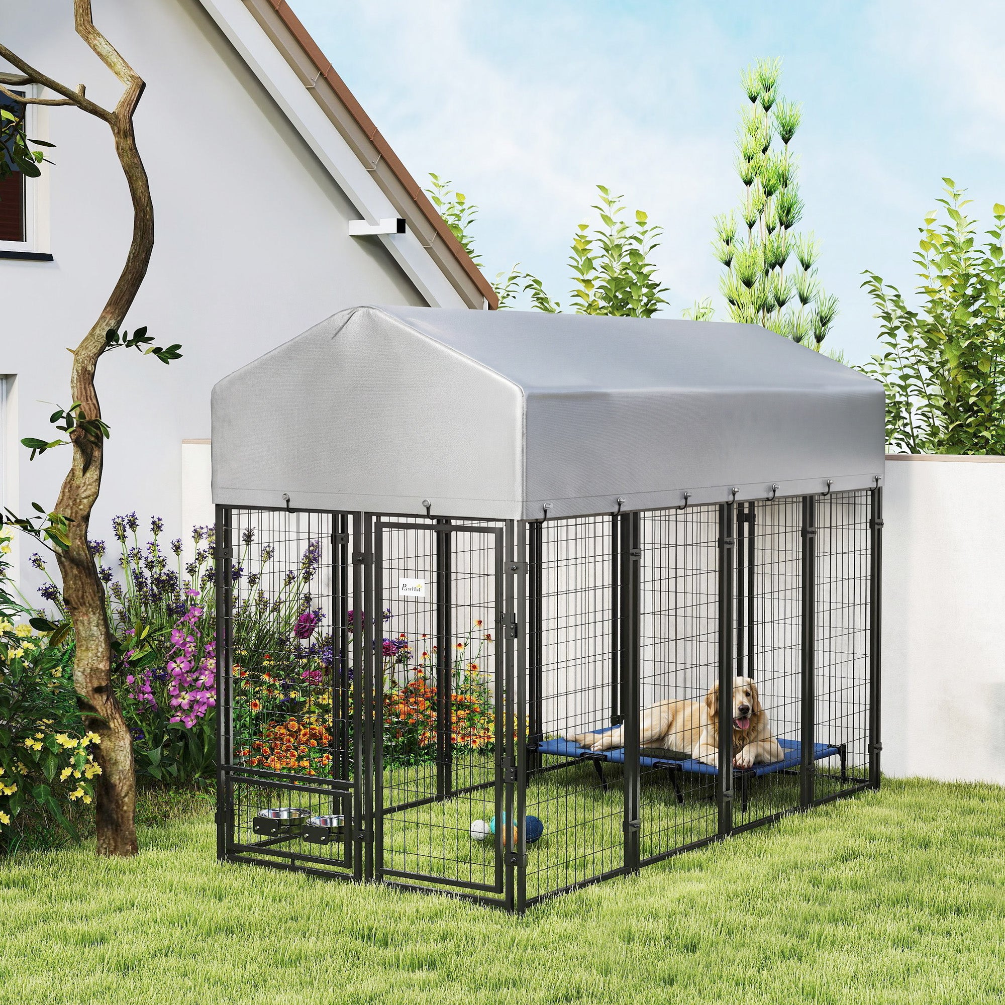 8' x 4' x 6' Outdoor Dog Kennel, Welded Wire Dog Kennel Outside Run with 360° Rotating Bowls, Waterproof & UV Resistant Cover, for S&M&L Breeds, Chickens, Ducks, Sliver