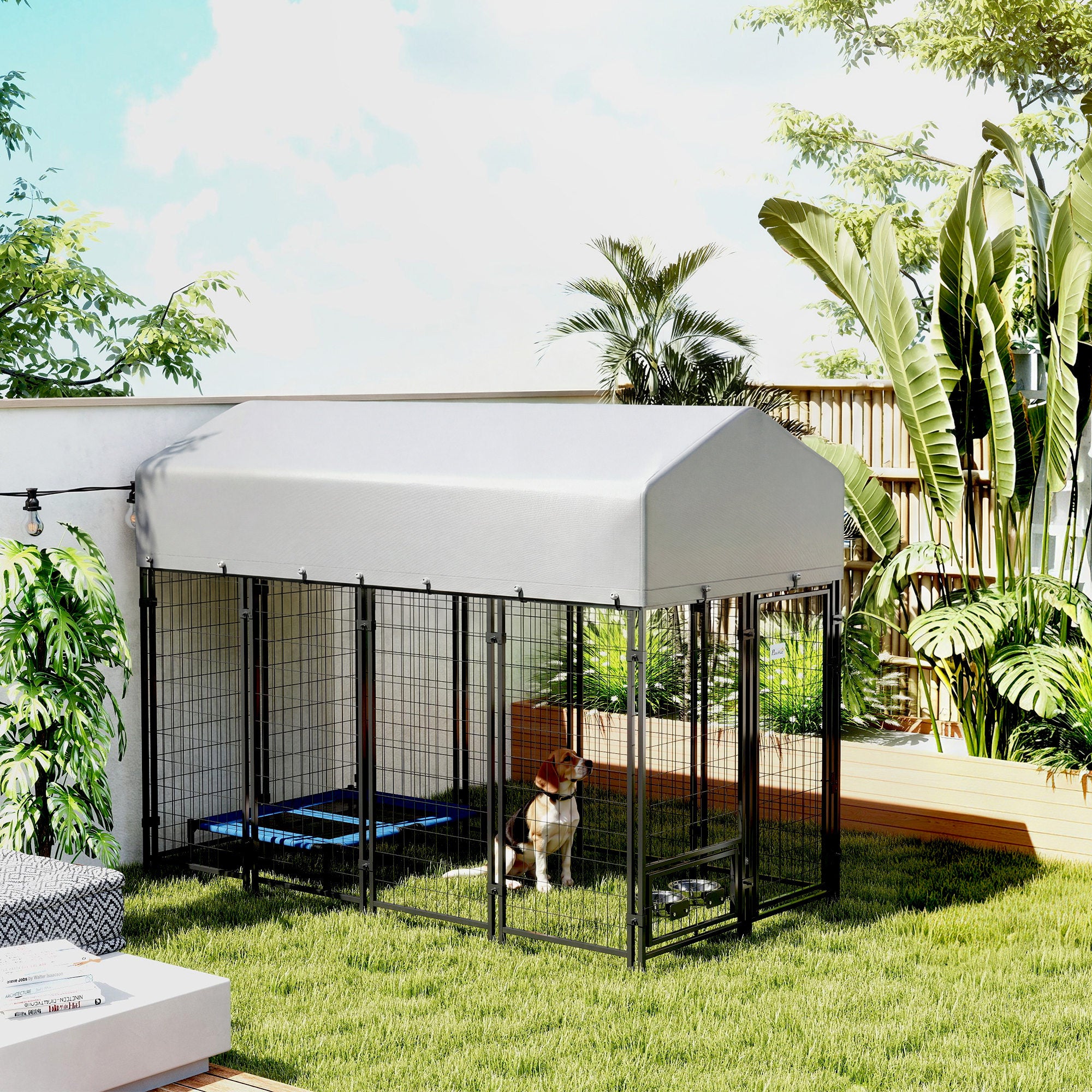 8' x 4' x 6' Outdoor Dog Kennel, Welded Wire Dog Kennel Outside Run with 360° Rotating Bowls, Waterproof & UV Resistant Cover, for S&M&L Breeds, Chickens, Ducks, Sliver