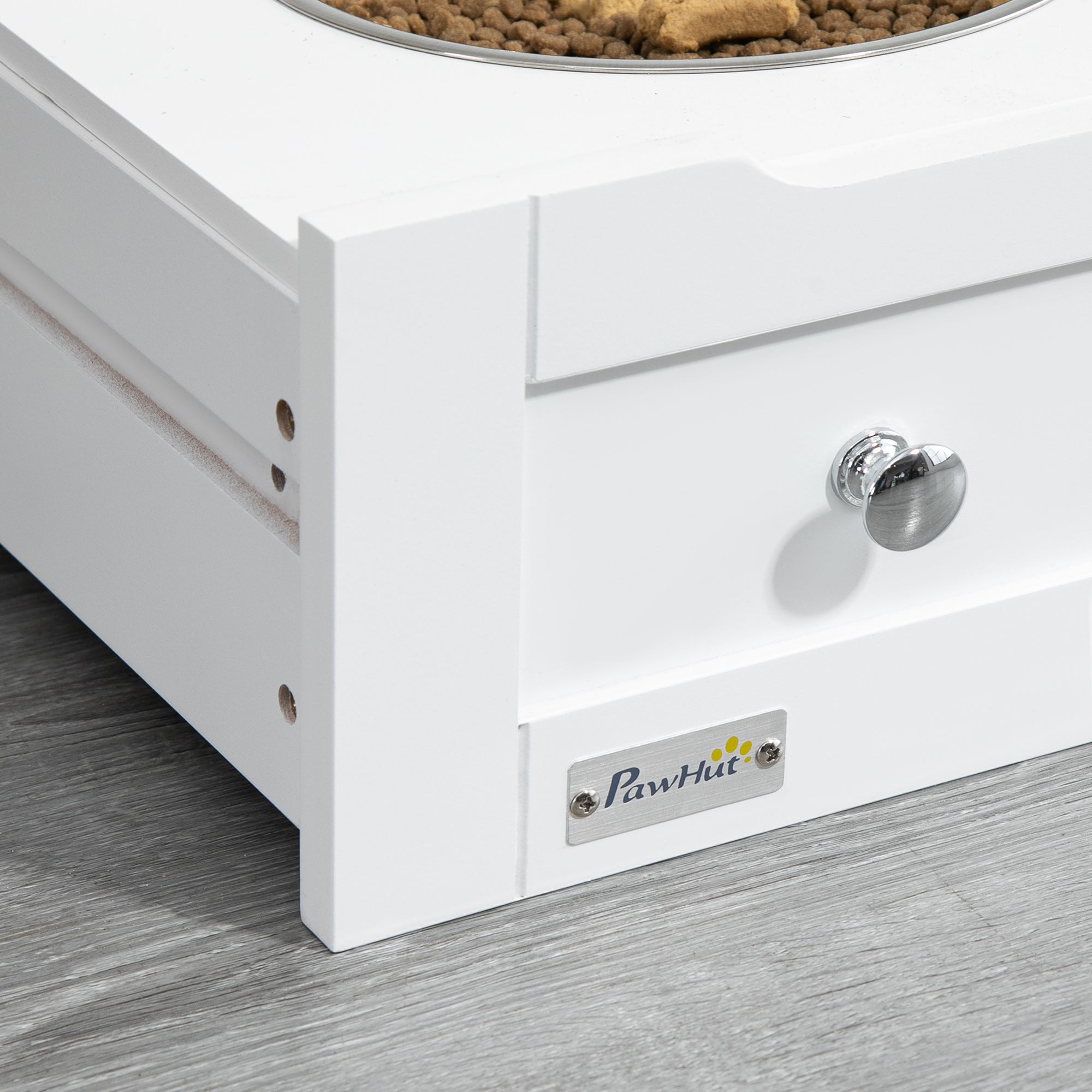 Pet Feeder Station, Dog Food Storage Container w/ Raised Dog Bowls, Hanger, for Food and Water - White