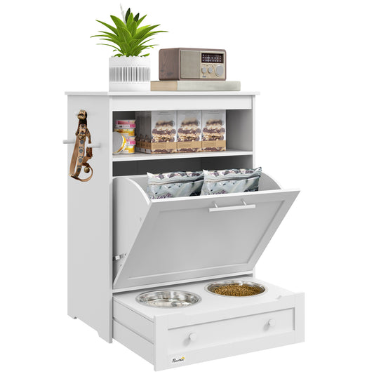 Cat Dog Feeding Station, Dog Food Storage Cabinet, Pet Feeder Container with Raised Bowls and Hanger for Feeding & Watering Supplies, White