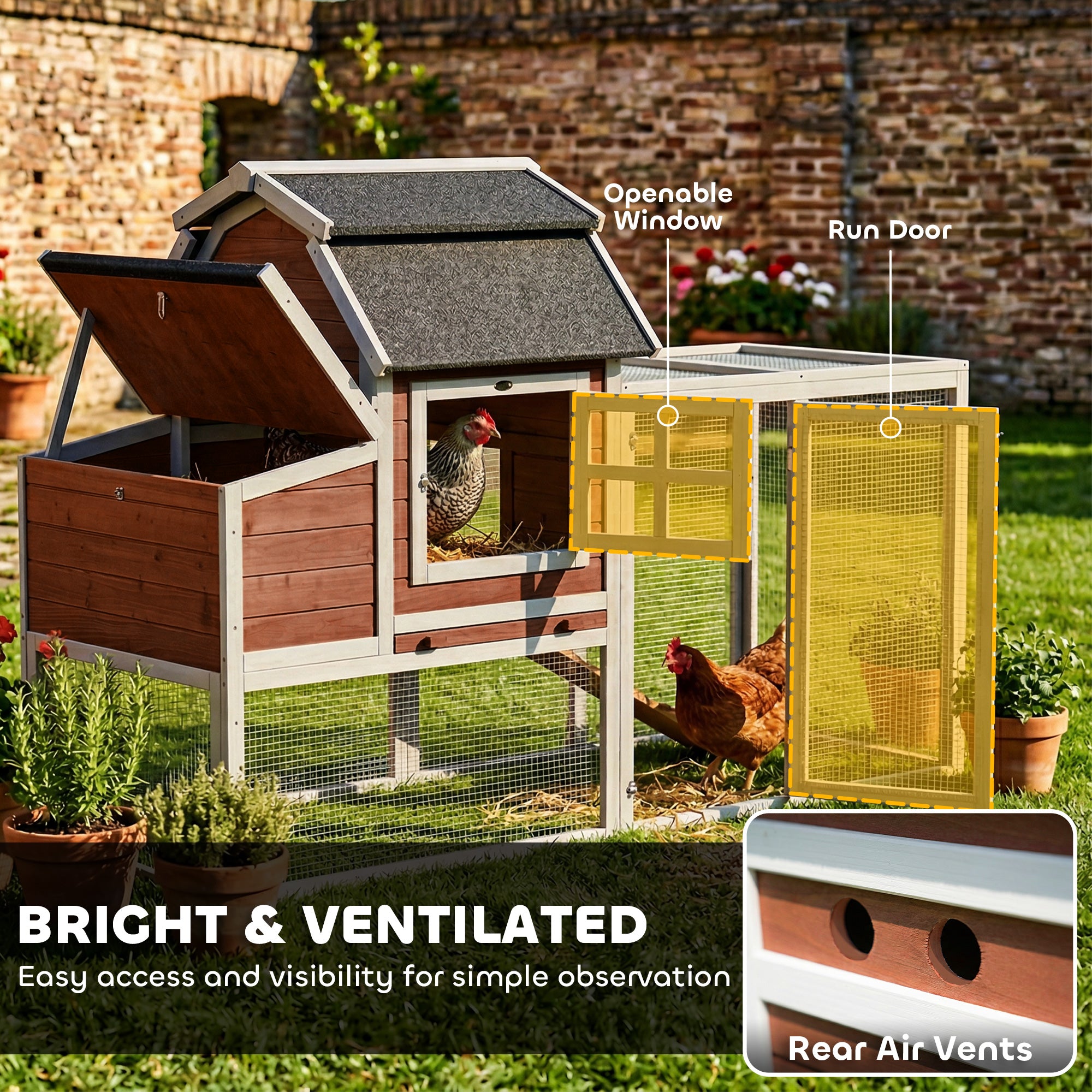 71" Chicken Coop for 3 Chickens, Wooden Hen House Outdoor Duck House with Run, Removable Tray, Nesting Box, Waterproof Asphalt Roof, Ramp and Perches, Bunny Hutch, Brown