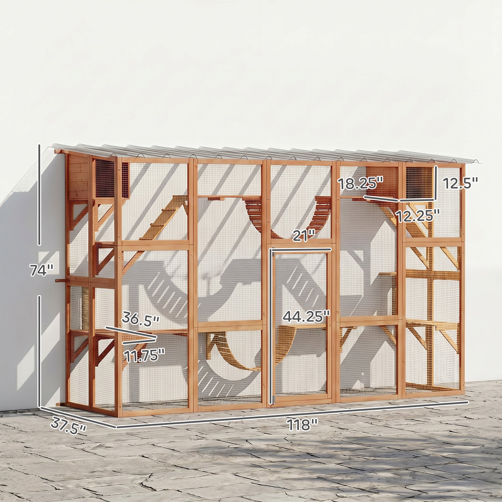 Catio Outdoor Cat Enclosure Window, Outdoor Cat House with Weather Protection Roof for 1-4 Kitties, Wooden Frame, Shelves & Bridges, 118" x 37.5" x 74", Orange