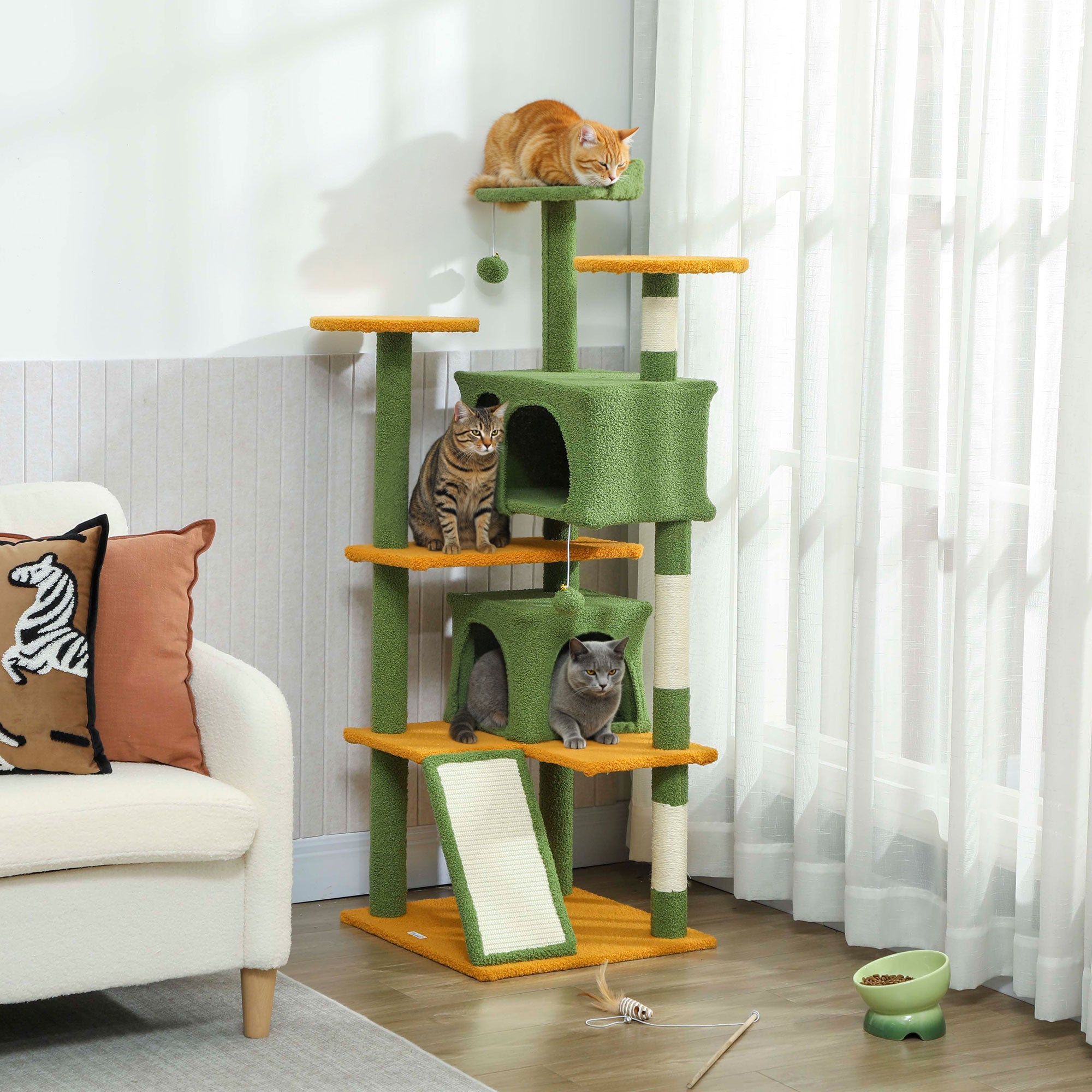 54" Cat Tree, Cat Tower for Indoor Cats with Scratching Posts, Cat Condos, Bed, Platforms, Ramp, Toy Ball, Cat Activity Center, Green