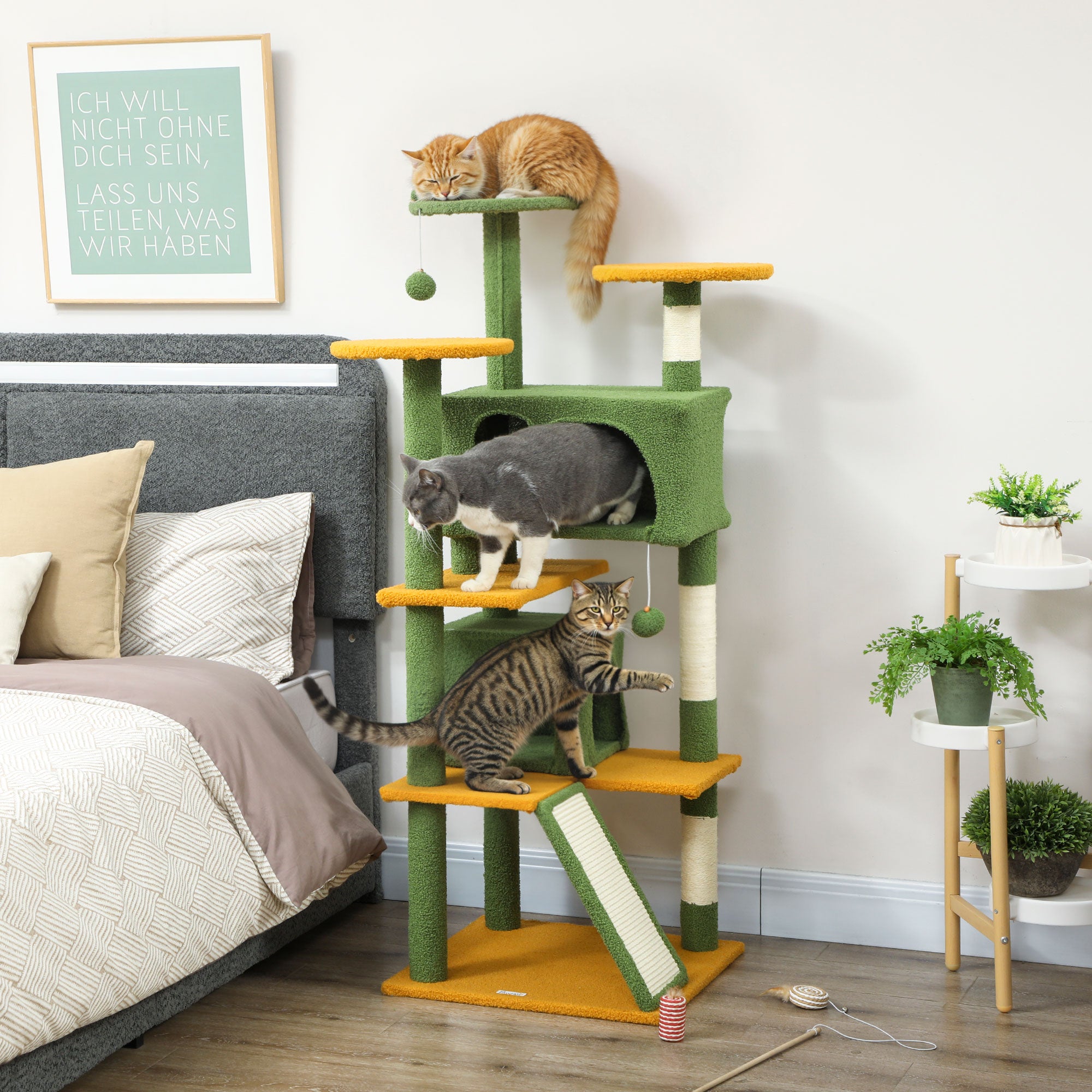 54" Cat Tree, Cat Tower for Indoor Cats with Scratching Posts, Cat Condos, Bed, Platforms, Ramp, Toy Ball, Cat Activity Center, Green