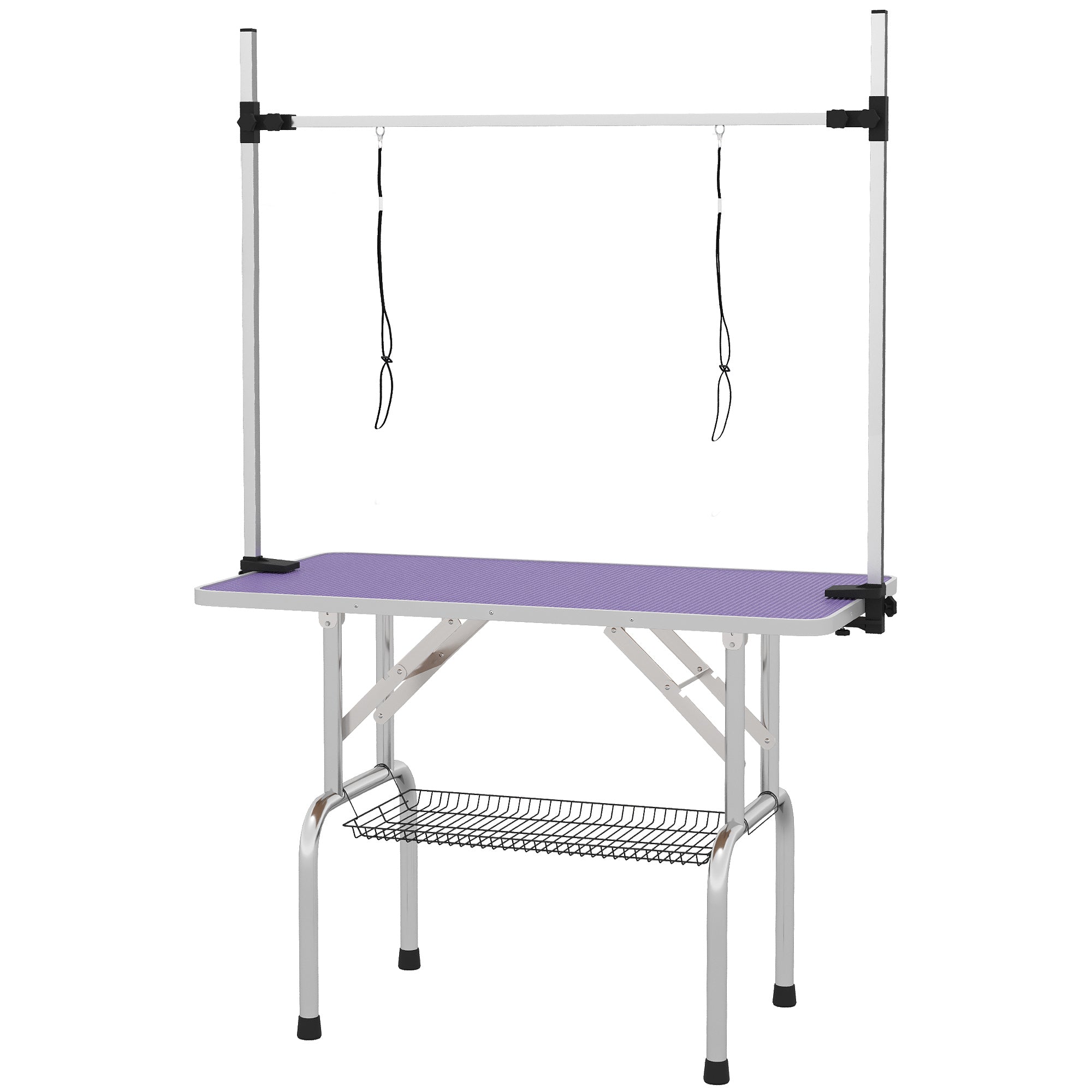 43"L Dog Grooming Table, Pet Foldable Grooming Table with 8"- 32" Adjustable Arm, Two Nooses, Mesh Tray and Rubber Top for Large Medium Small Pets, Purple