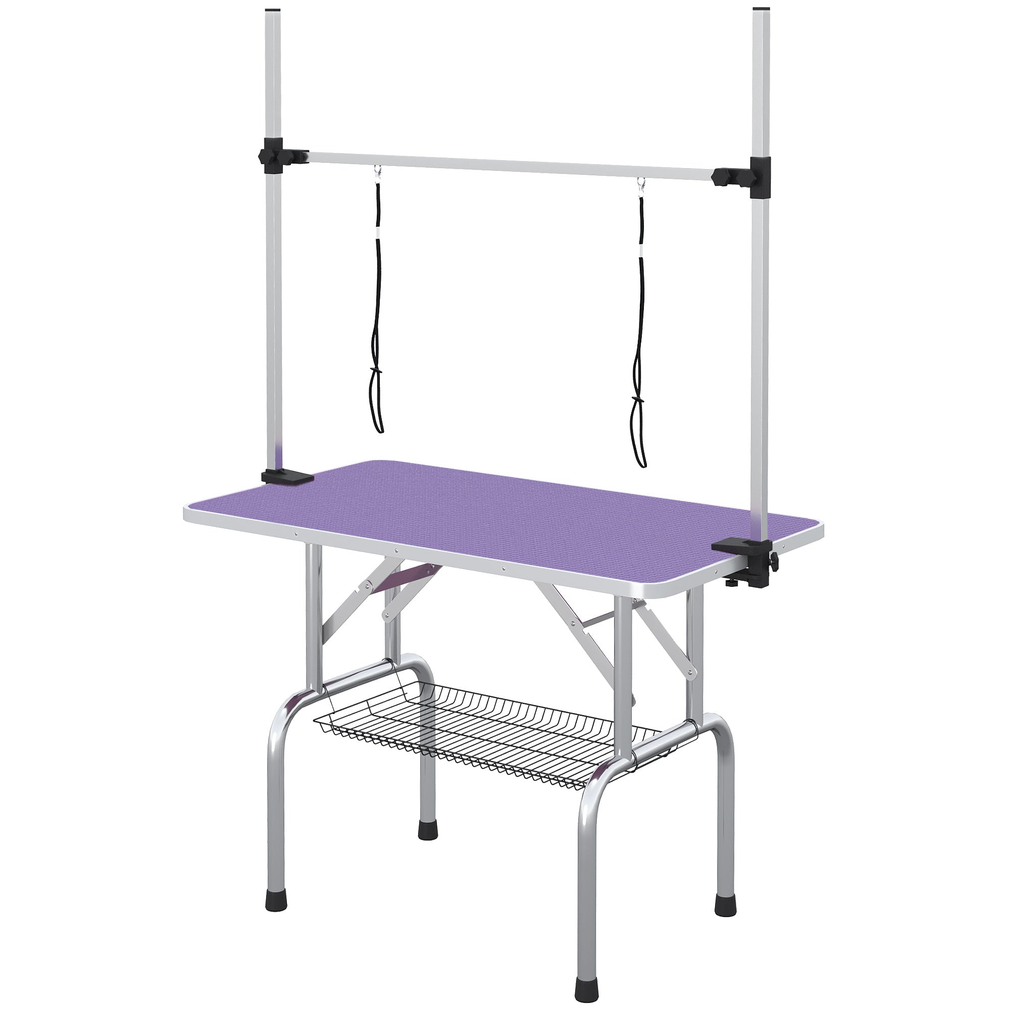 43"L Dog Grooming Table, Pet Foldable Grooming Table with 8"- 32" Adjustable Arm, Two Nooses, Mesh Tray and Rubber Top for Large Medium Small Pets, Purple